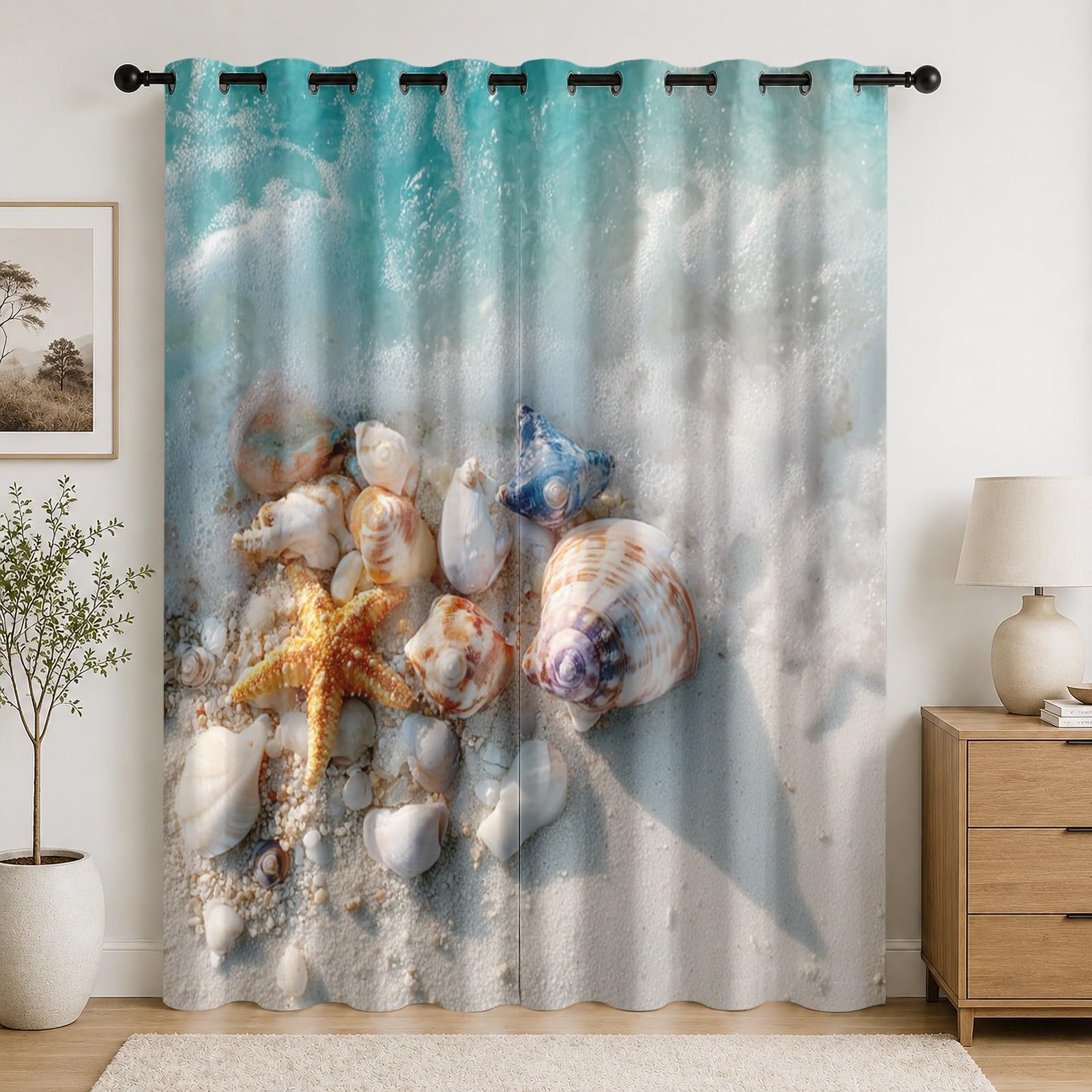 Rideaux occultants pour bloquer la lumière et le bruit du salon avec motif plage blanc