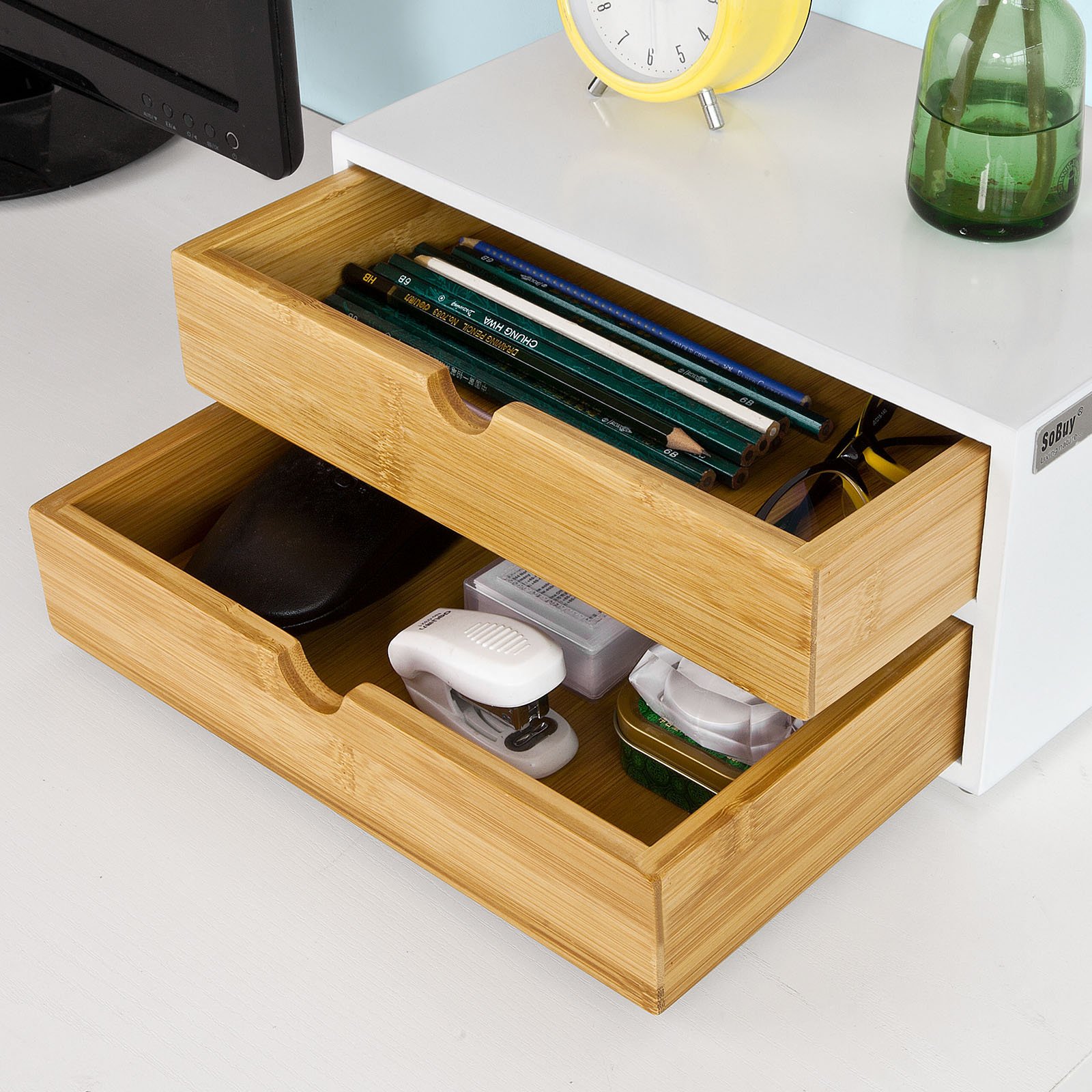 SoBuy Soporte Cápsulas con 2 Cajones, antideslizante & compacto, 30×20×14cm | Portacápsulas con 20 kg de carga, diseño sencillo, MDF/bambú, para cocina & zona café, FRG180-WN