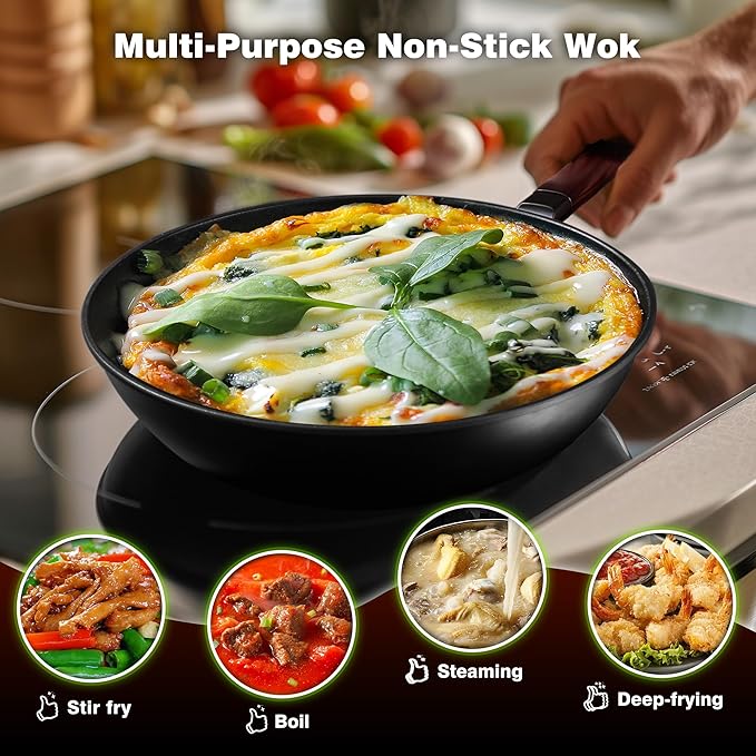 Teewe Wok de Acero Carbono 13 pulgadas Antiadherente con Tapa y Espátula miniatura 7
