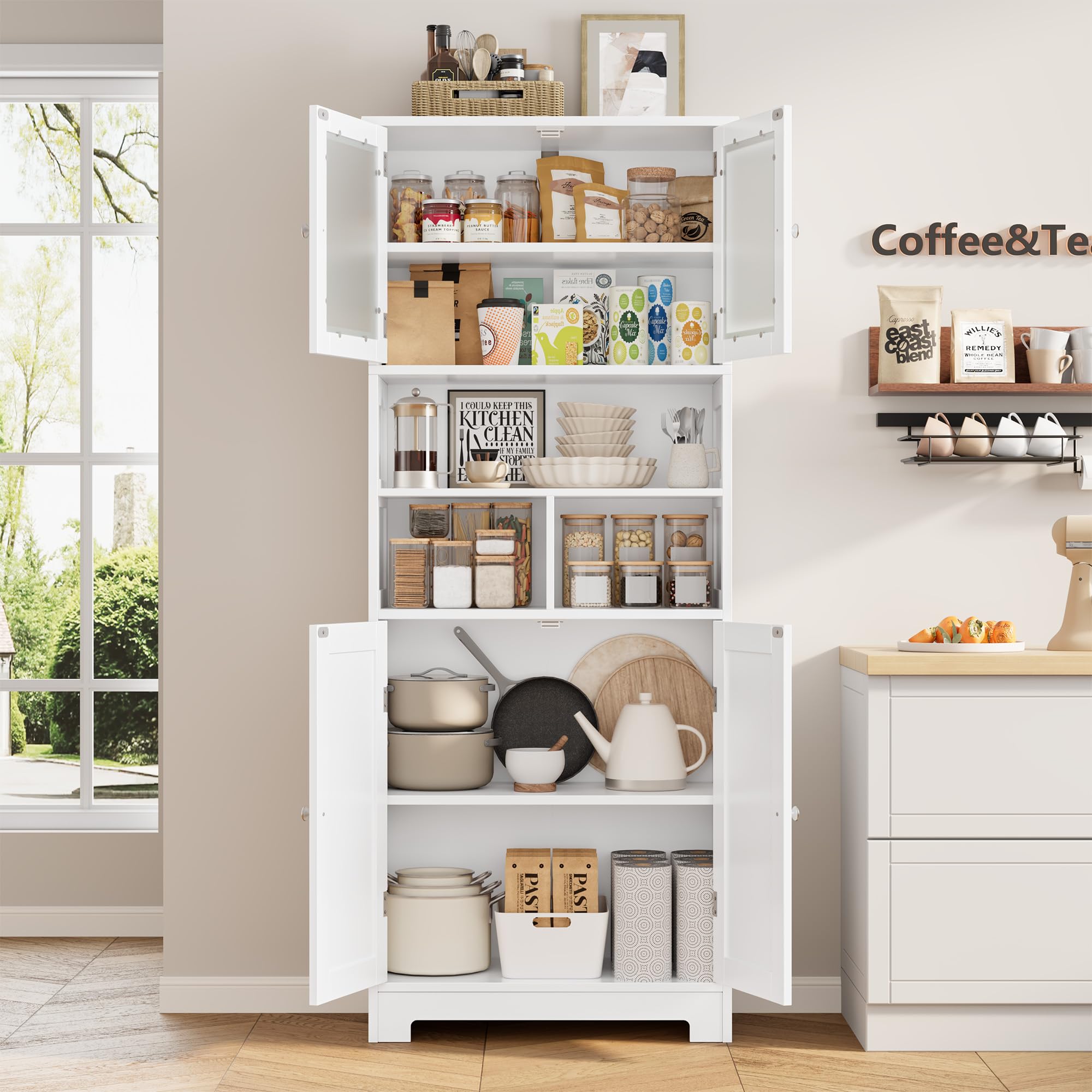 HOCSOK Mueble Columna de Baño, Mueble Auxiliar de Almacenaje con 4 Puertas y Compartimentos de Almacenamiento, Armario de Madera de Suelo para Entrada, Salón y Cocina, Blanco