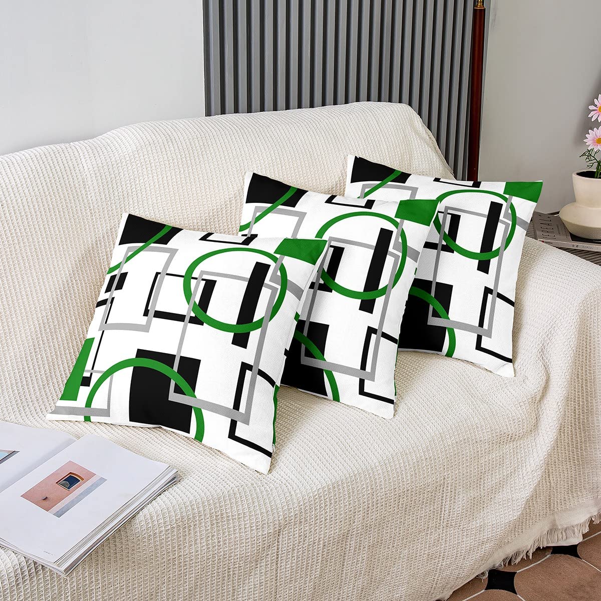 Juego de 4 fundas de almohada reversibles a cuadros geométricos verdes y negros para decoración del hogar para líneas de rayas cuadradas, juego de 4 fundas de cojín de arte moderno de 18 x 18 pulgadas