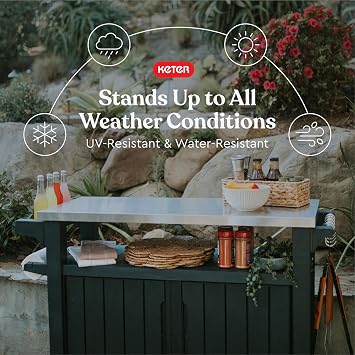 Keter Unity XL Portable Outdoor Table with Stainless Steel Top for Kitchen Prep and Outdoor Storage Cabinet for Grilling Accessories, Dark Grey