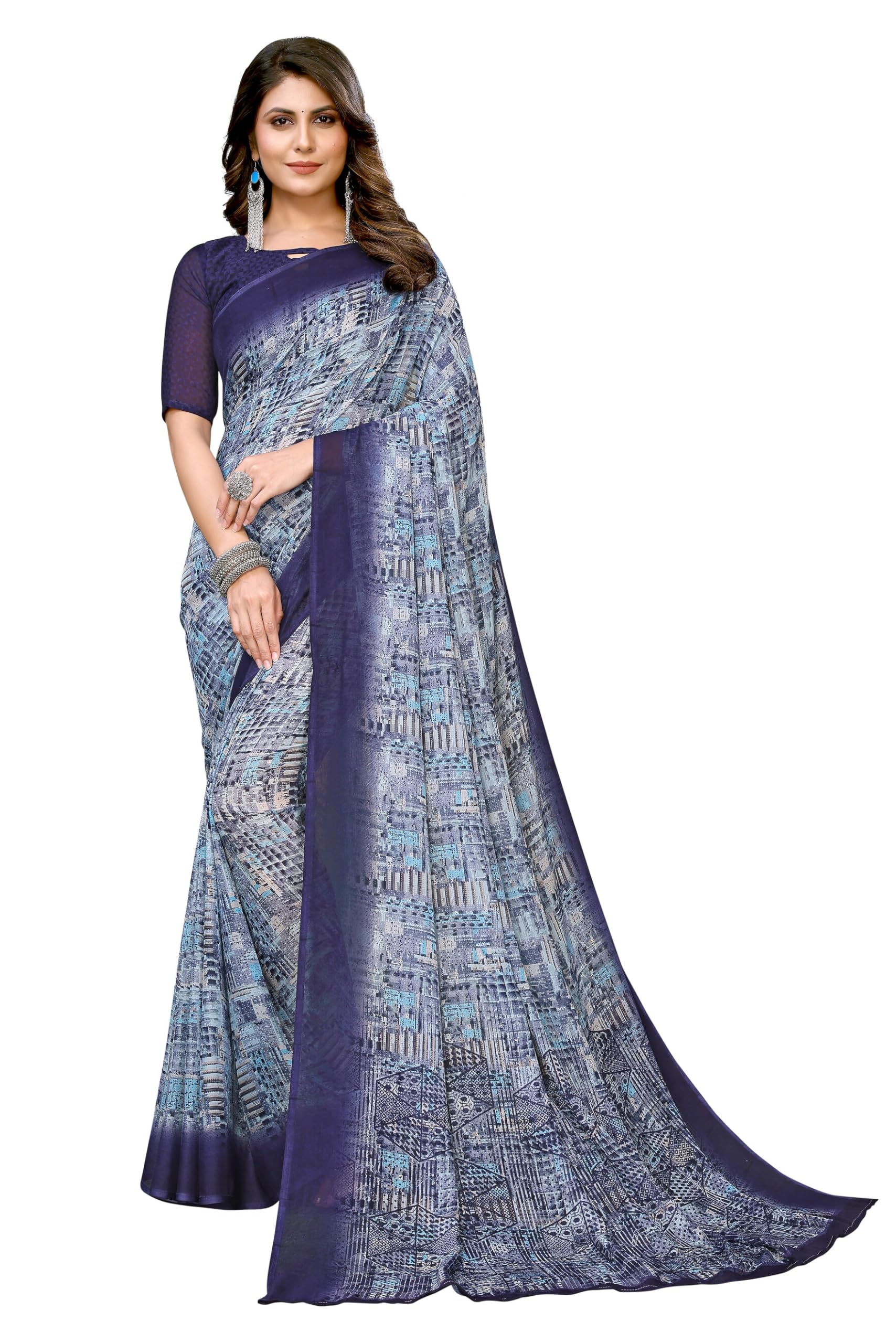 Yashika Women's Trendy Printed Georgette Purple Color Saree with Blouse Material