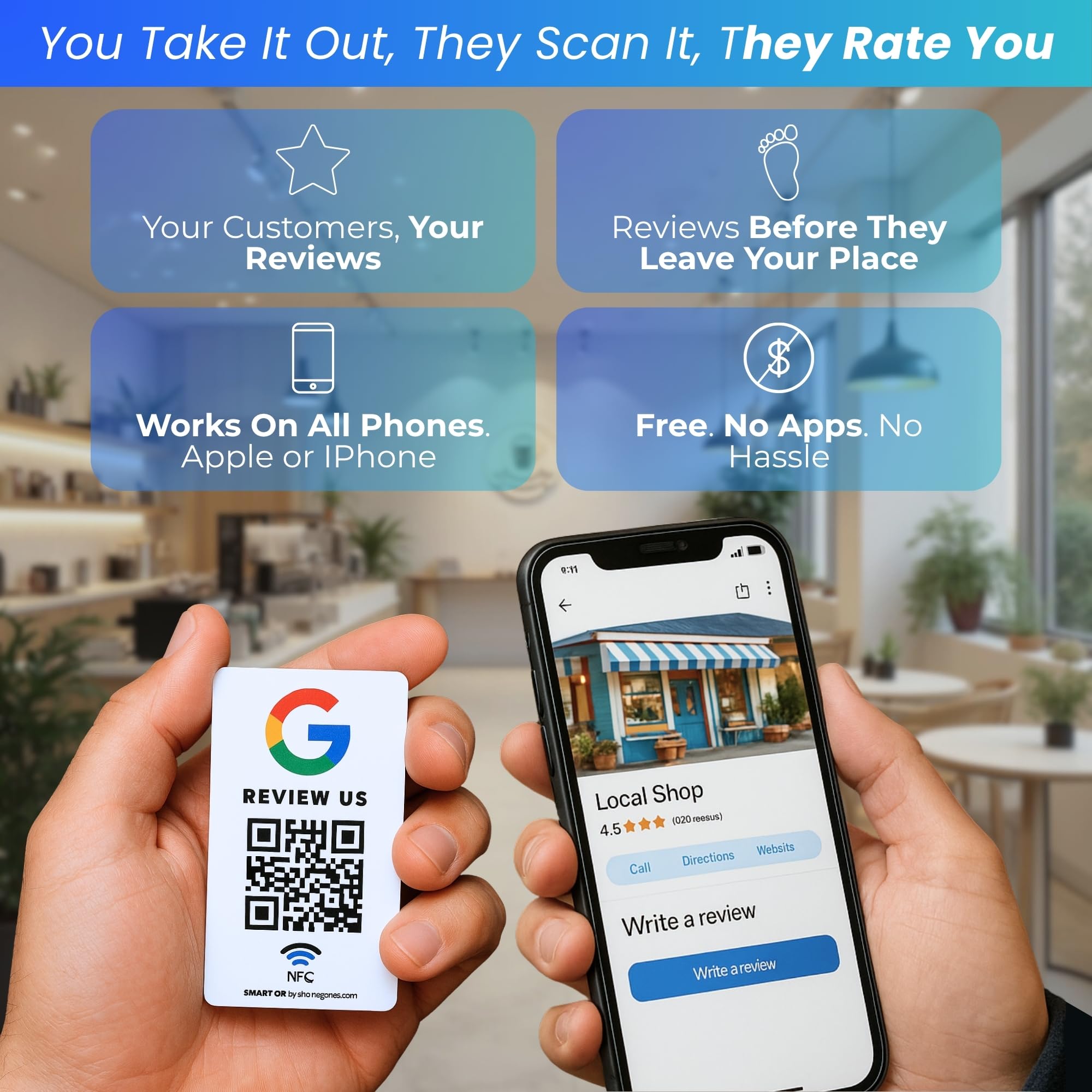 MESSAGENES - Tarjeta PVC con NFC y QR | Tarjeta para Conseguir Reseñas | Compatible con Google Business | Pack 5 Unidades | QR Dinámico Editable | Analíticas de Escaneo | Sirve para iPhone y Android
