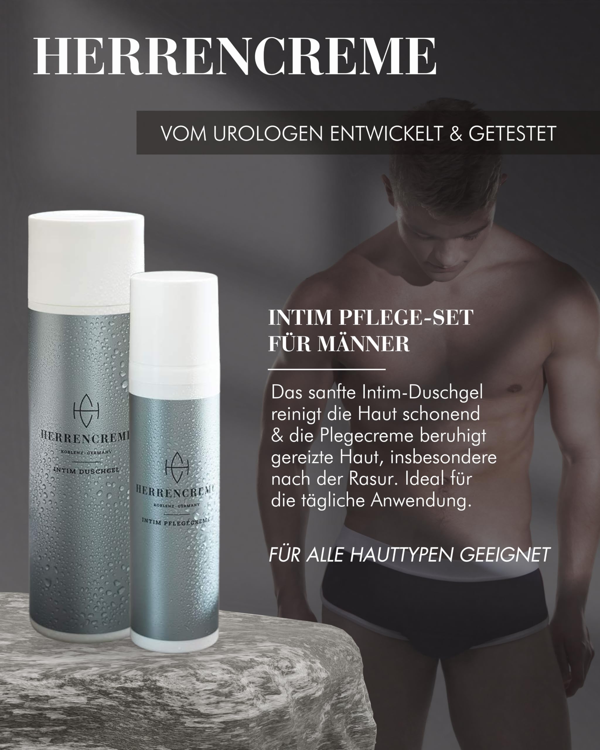 HERRENCREME Intim Pflege Geschenkset für Männer I Set mit Intim Duschgel 200 ml, Pflegecreme 75 ml & Kulturbeutel I Herren Intimpflege vom Urologen entwickelt I vegan & dermatologisch getestet