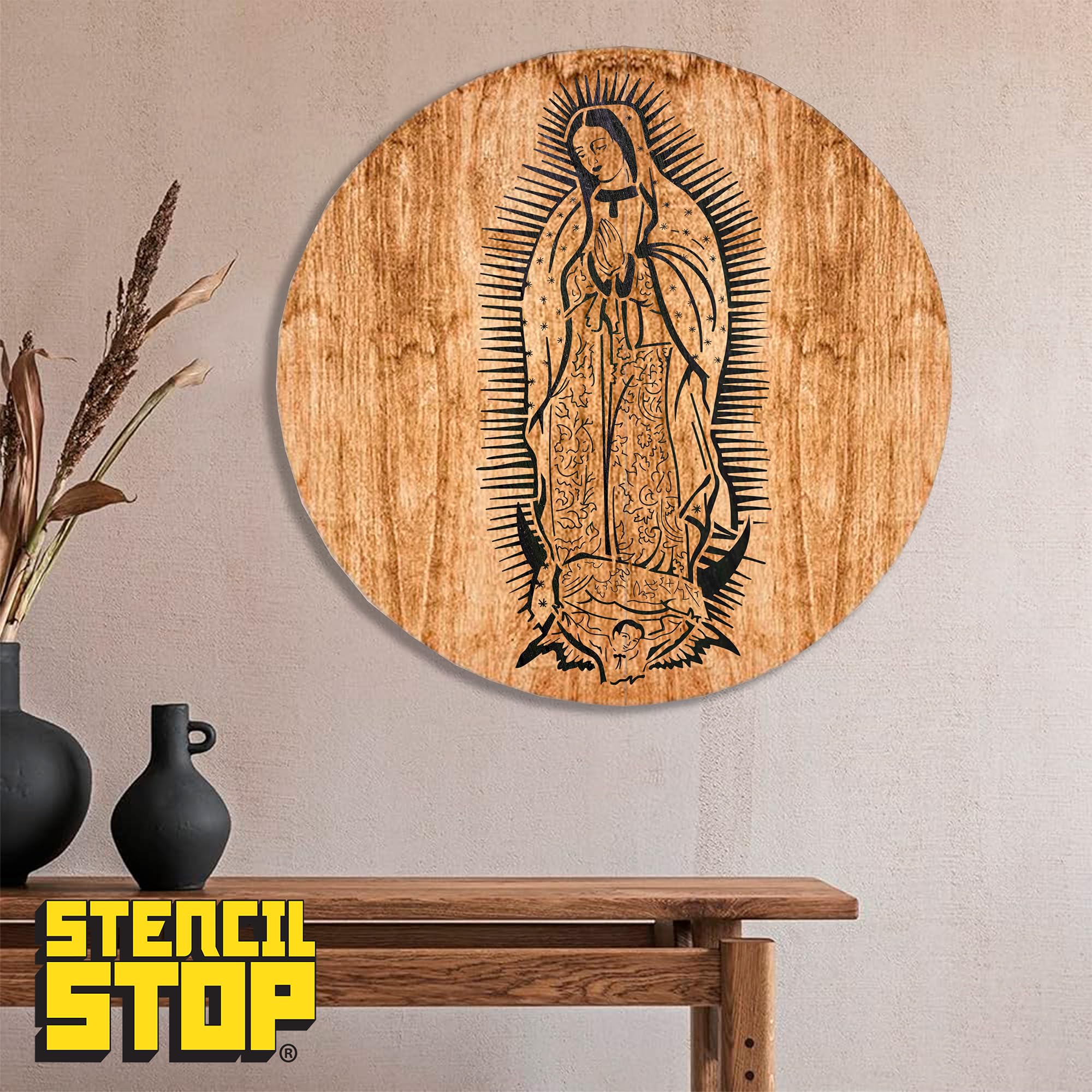 Pochoir Our Lady of Guadalupe – 21 x 45,7 cm | Pochoirs réutilisables pour peinture sur bois, murs, tissus et roches | Plastique Mylar durable de 14 mm pour loisirs créatifs et projets artistiques