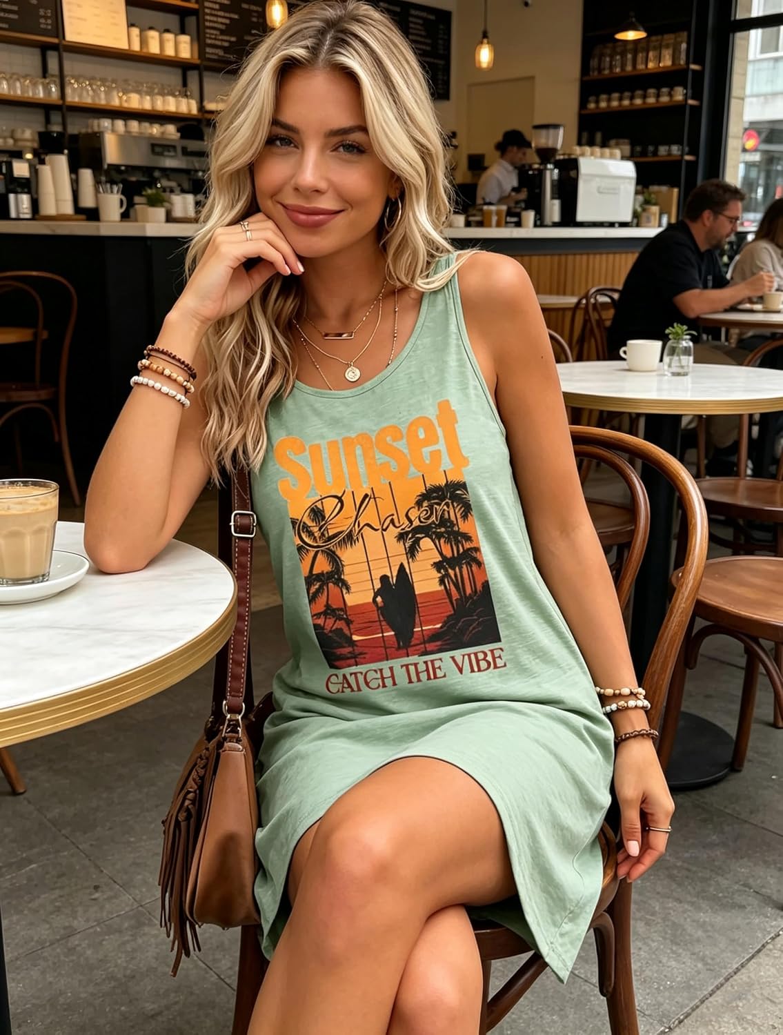 Women's Sleeveless Mini Tank Dress Sunset Coconut Tree Graphic Beach Vacation Summer Holiday Sundress Coverup