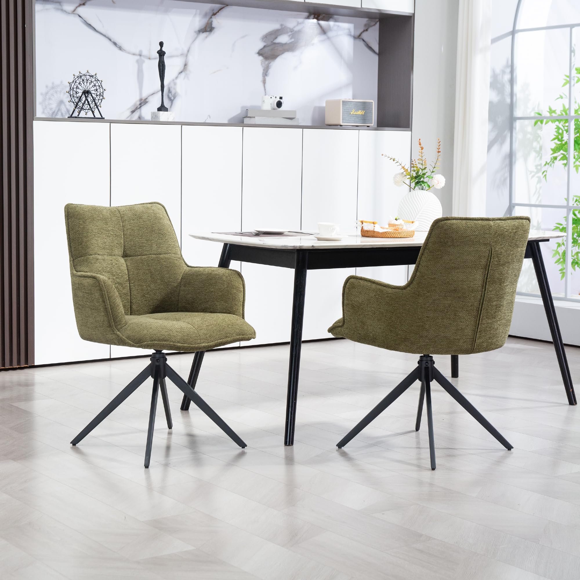 AISALL 360° Swivel Dining Chairs Set of 2, Modern Chenille Upholstered Armchairs with Ergonomic Back Support, Sturdy Metal Legs for Kitchen & Dining Room, Green