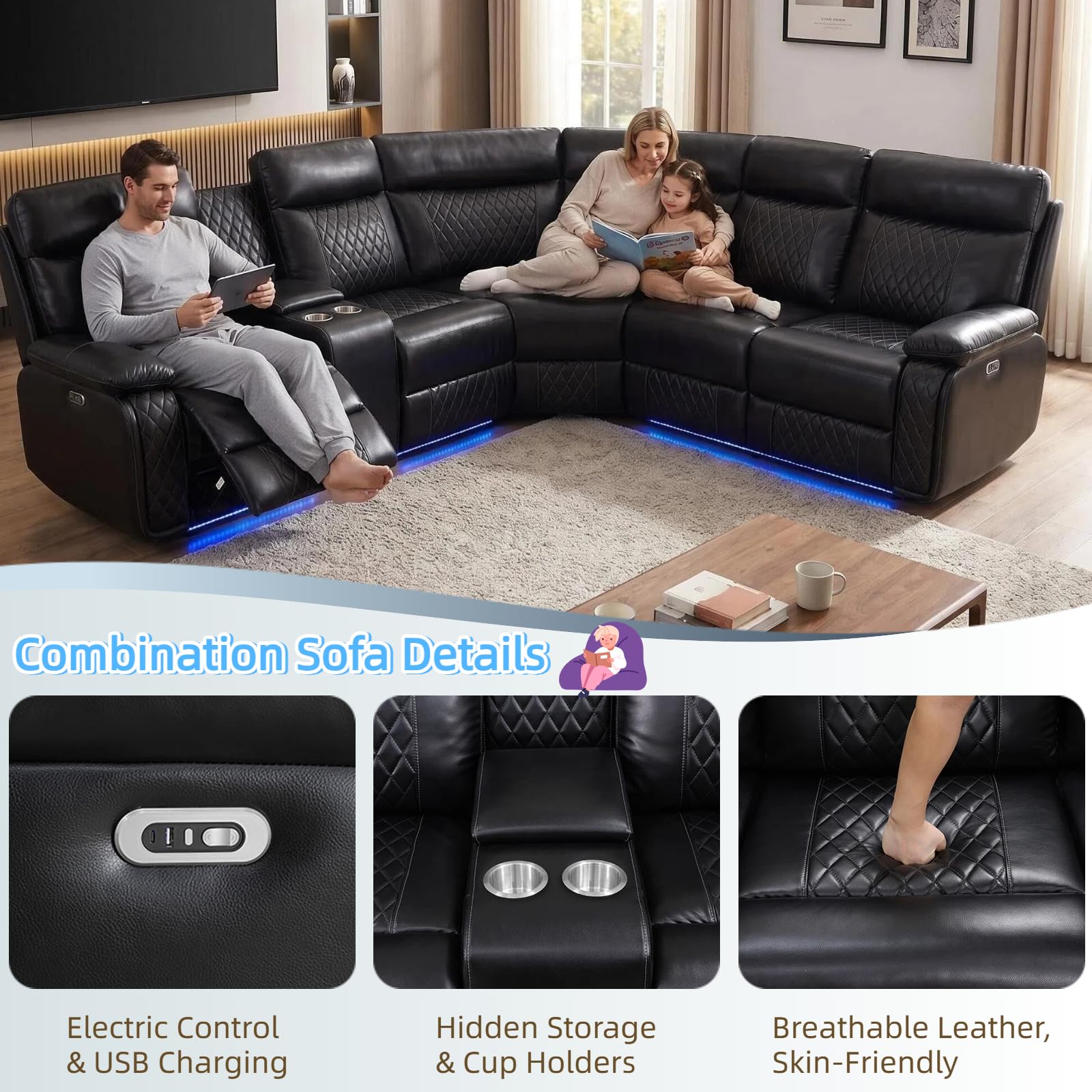 Power Reclining Sofa Set with LED Light,Living Room Furniture Sets,Leather Recliner Sectional Couch Set with USB Charging Port & Storage & Cup Holders for Apartment/Home Theater/Office view 3