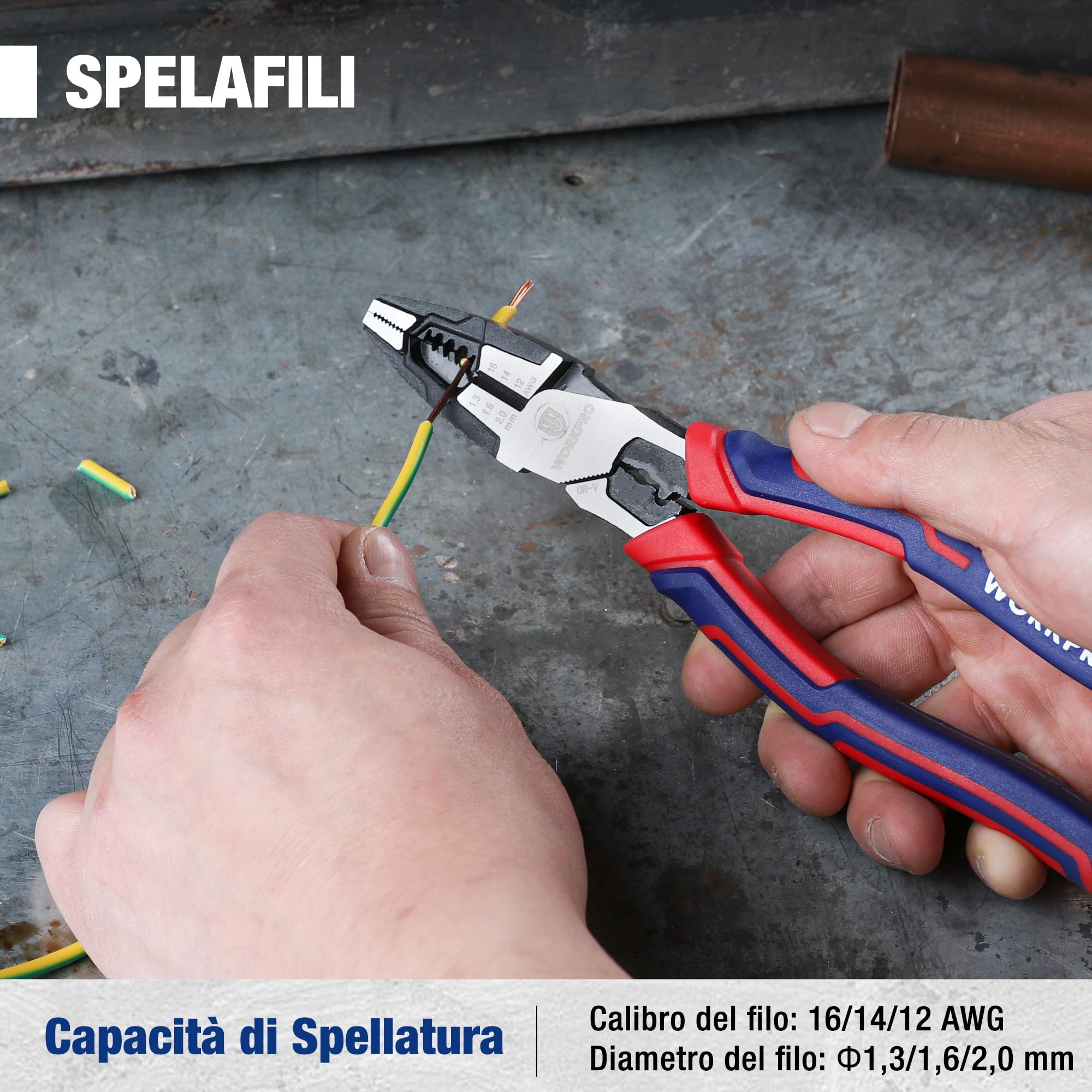 WORKPRO Pinza Combinata 5 in 1 209mm 16-12 AWG (1,3-2,0mm) Cr-V per Elettricisti