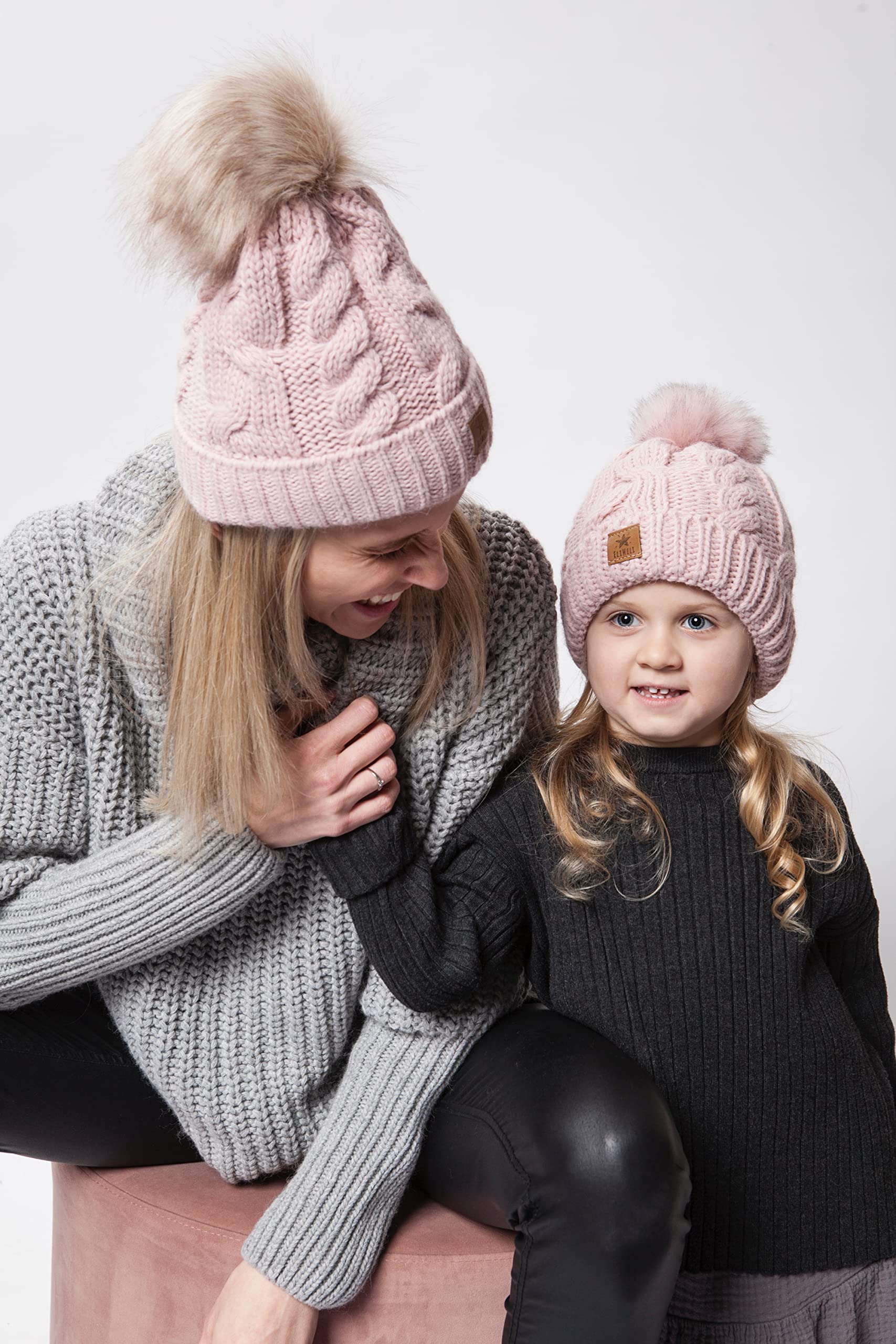 ELIMELI Eltern-Kind Mütze Mädchen Warme Wintermütze für Mutter und Tochter Mütze Damen Winter mit Kunstfell Bommel Slouch Strick Beanie Damen Bommelmütze Kinder Mama und Baby Cap Set 1
