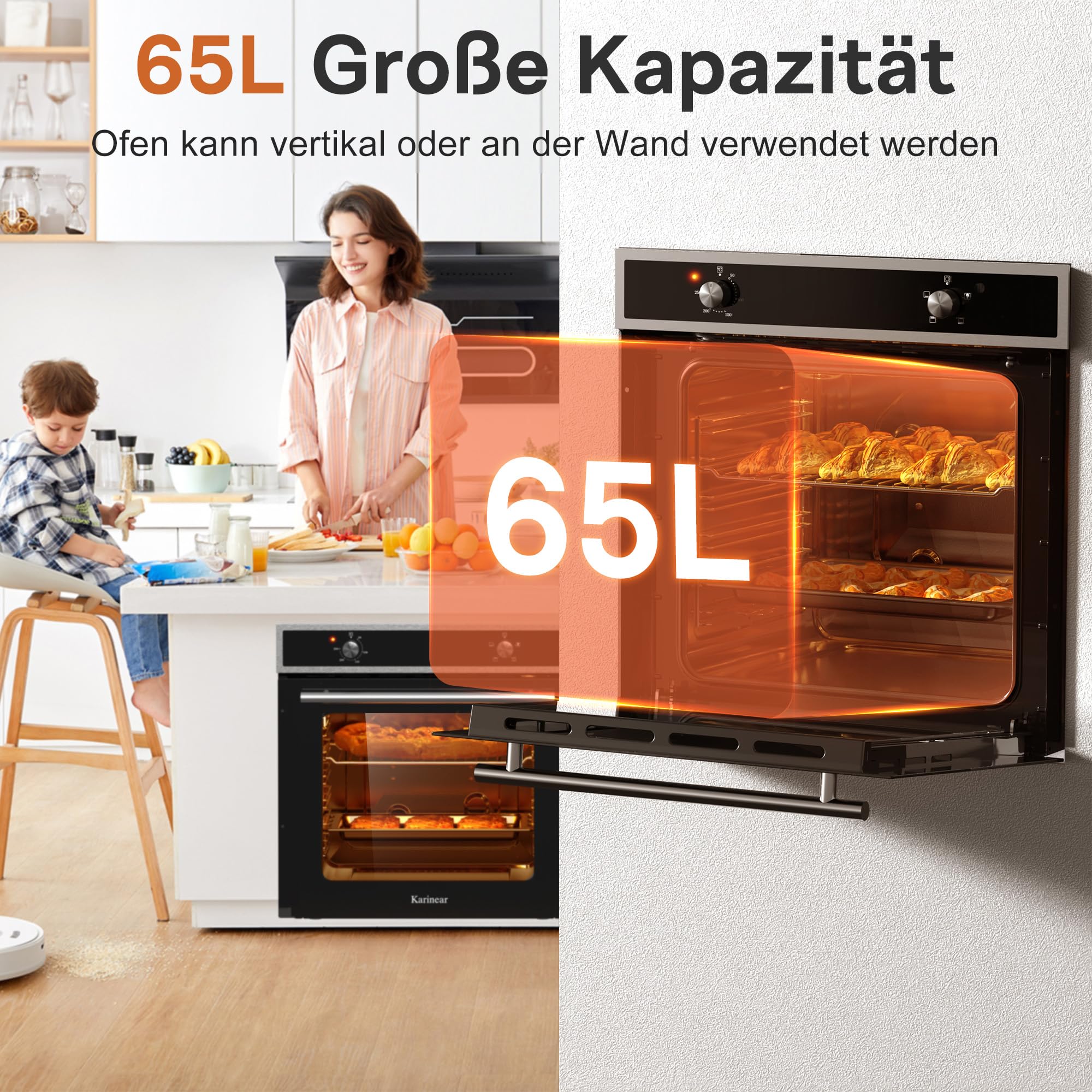 Karinear Einbaubackofen 60 cm 65L mit Stecker, 4 Programme, 2200W, Schwarz | 65L Einbaubackofen mit 4 Programme, Backofen 230v für Steckdose, 2200W , 50–250°C Temperatur und einfache Drehknopfsteuerung