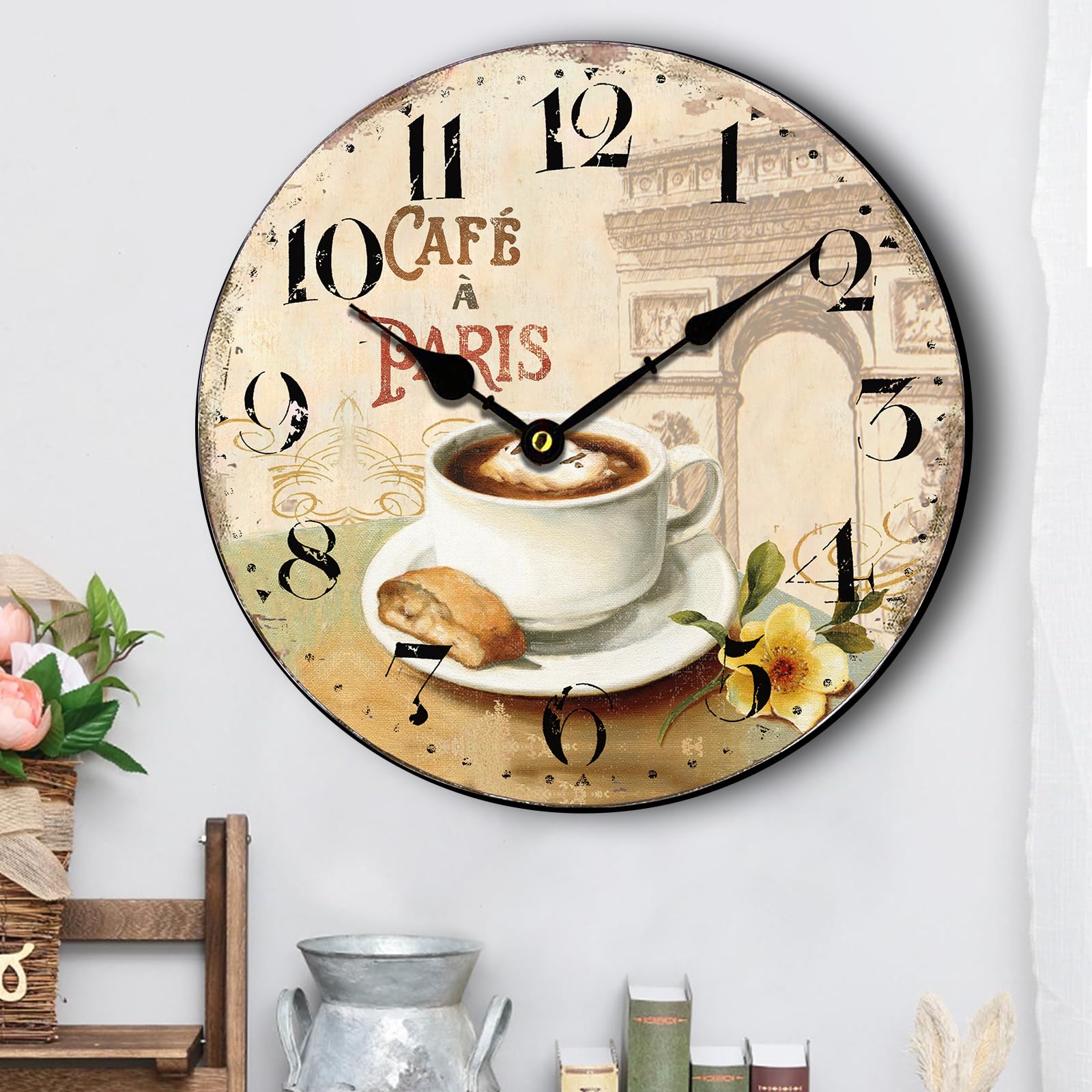 HQF Vintage Living Room Clock, Eruner Old Style Wooden Clock for Wall Cottage French Style Clock Timepiece for Dining Room Kitchen Sturdy Keeps Good Time, 16-inch