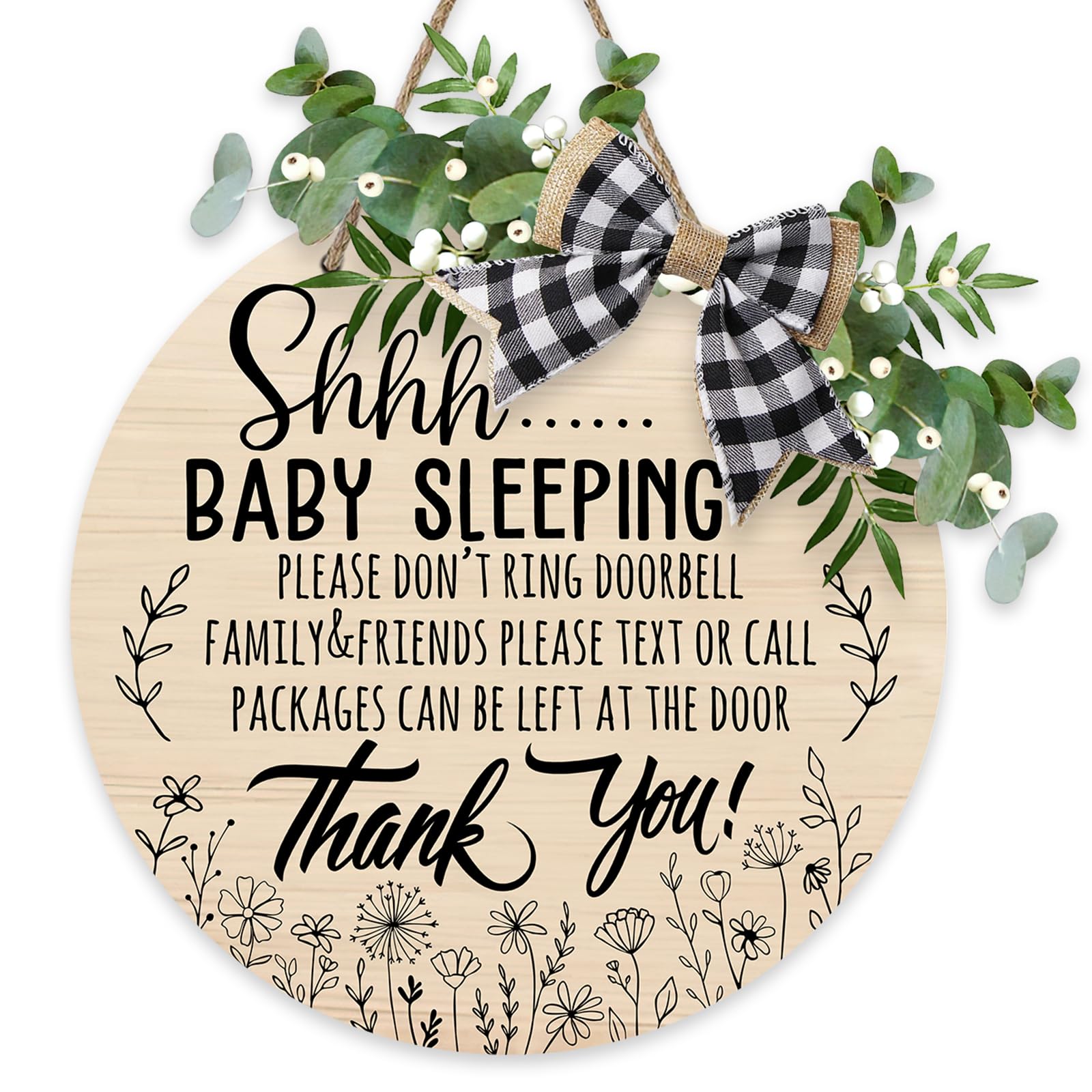 Deroro Shhh Baby Sleeping Front Door Sign, Please Don't Ring Doorbell Wood