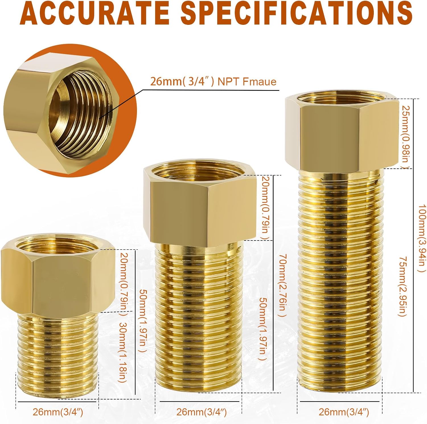 Extension Brass Fittings 3/4" Male Threaded Pipe Hex Bushing Adapter Converter Adapter, Female to 3/4" Copper Pipe Extension Connector Fittings Female Length 100mm (3pcs)