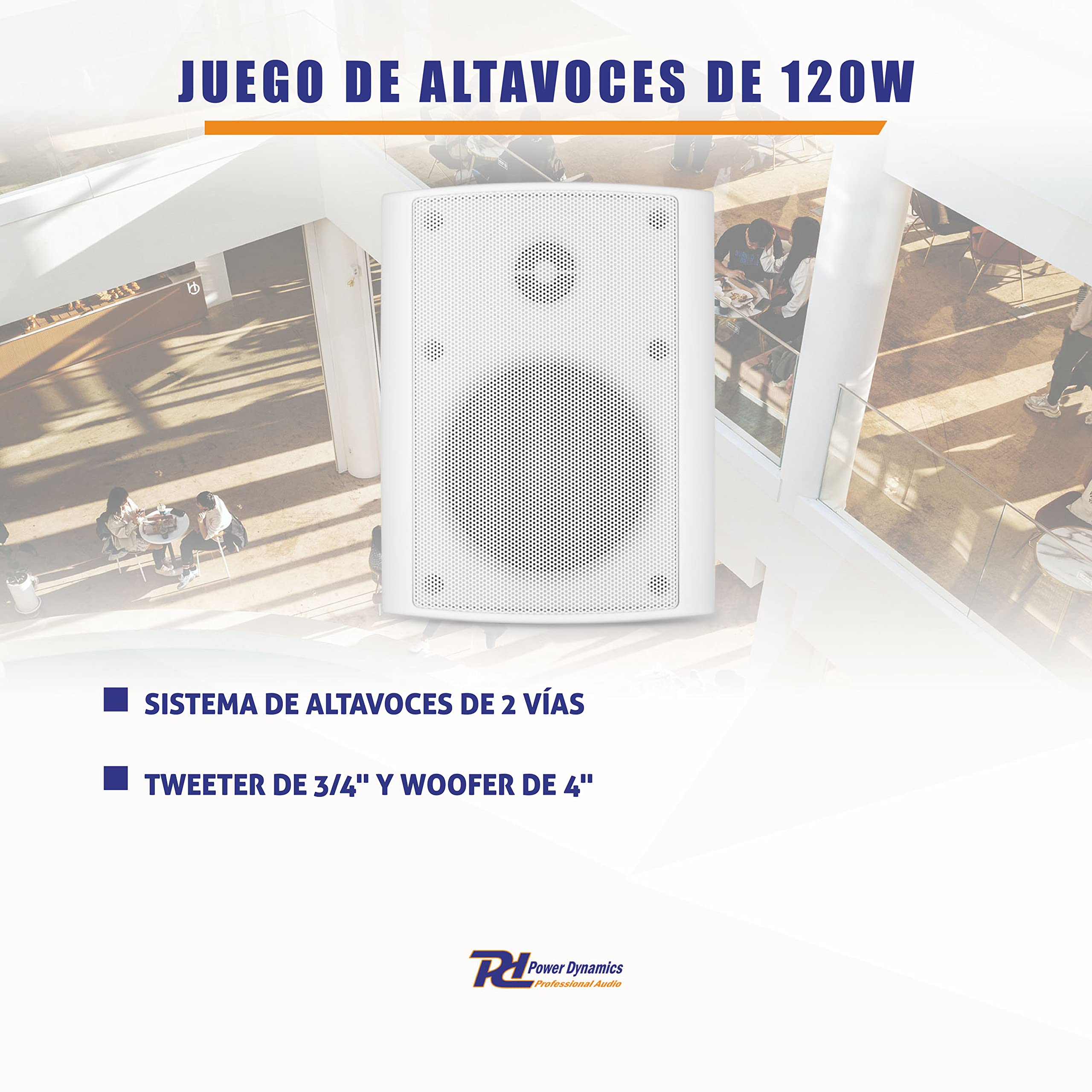Power Dynamics BGO40 - Pareja de Altavoces de 100W, 2 Vías para Interior y Exterior, Montaje en Paredes y Techos, Ideales para Bares, Gimnasios, Oficinas, etc. Color Blanco