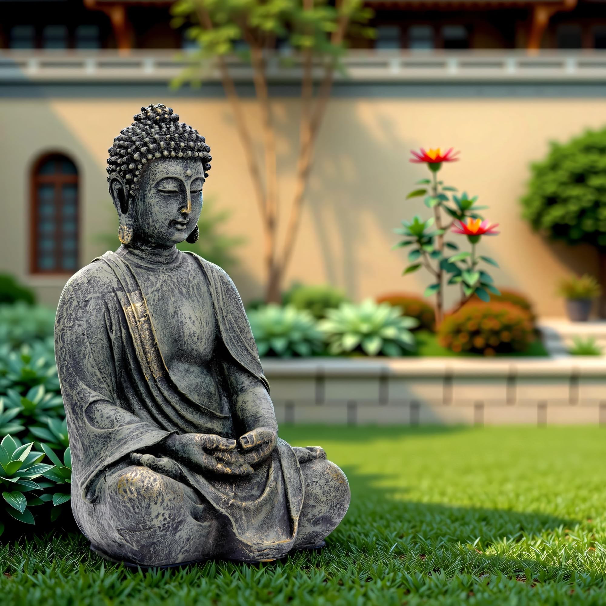 Statue Bouddha Jardin 38cm - Grande Figurine Bouddha Assis Meditation Resine Decoration Exterieur Interieur Resistant Gel & Intemperies - Sculpture Zen Feng Shui Terrasse Balcon