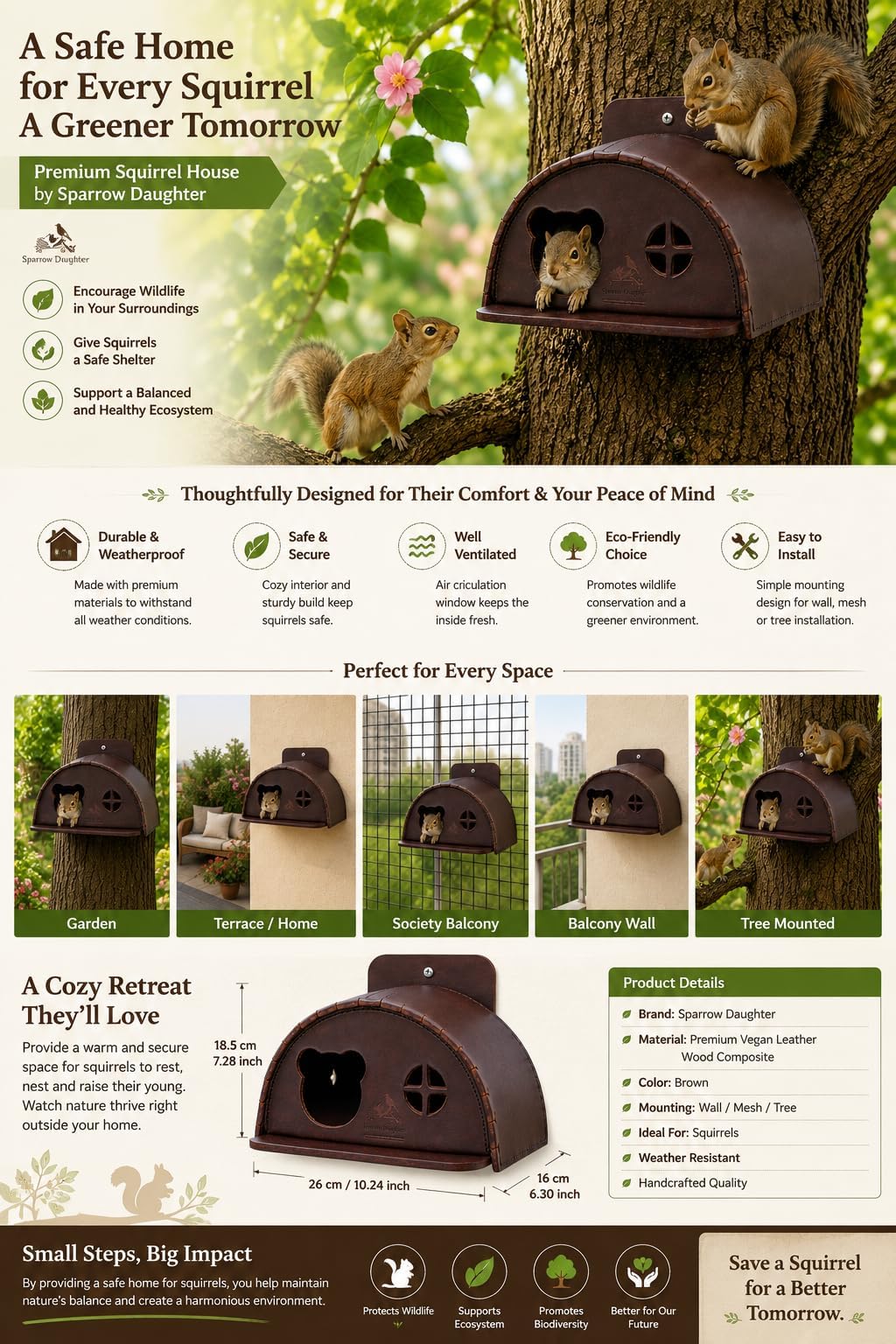sparrow daughter Leather Squirrel House for Outdoors, Garden, Backyard, Small Animals Habitat for Chinchilla,Mice, Suger Glider,Mice Squirrel with Poles, Squirrel Nest & Box, Chestnut 1