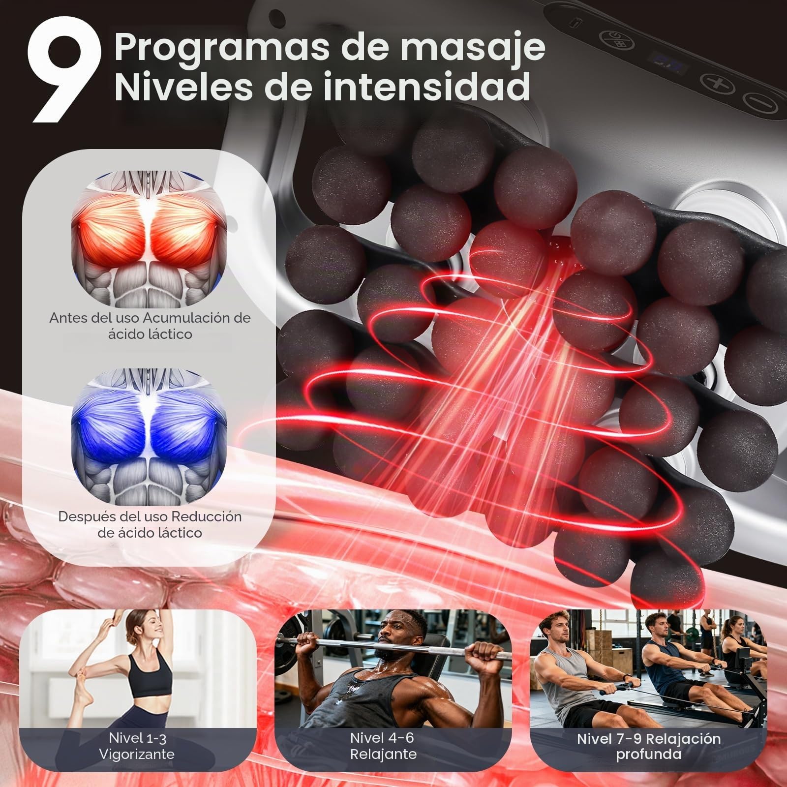 Pistola de masaje recargable con 30 cabezales, 9 modos y 9 niveles, pantalla LCD, portátil para aliviar el dolor de cuello, espalda, hombros y piernas.