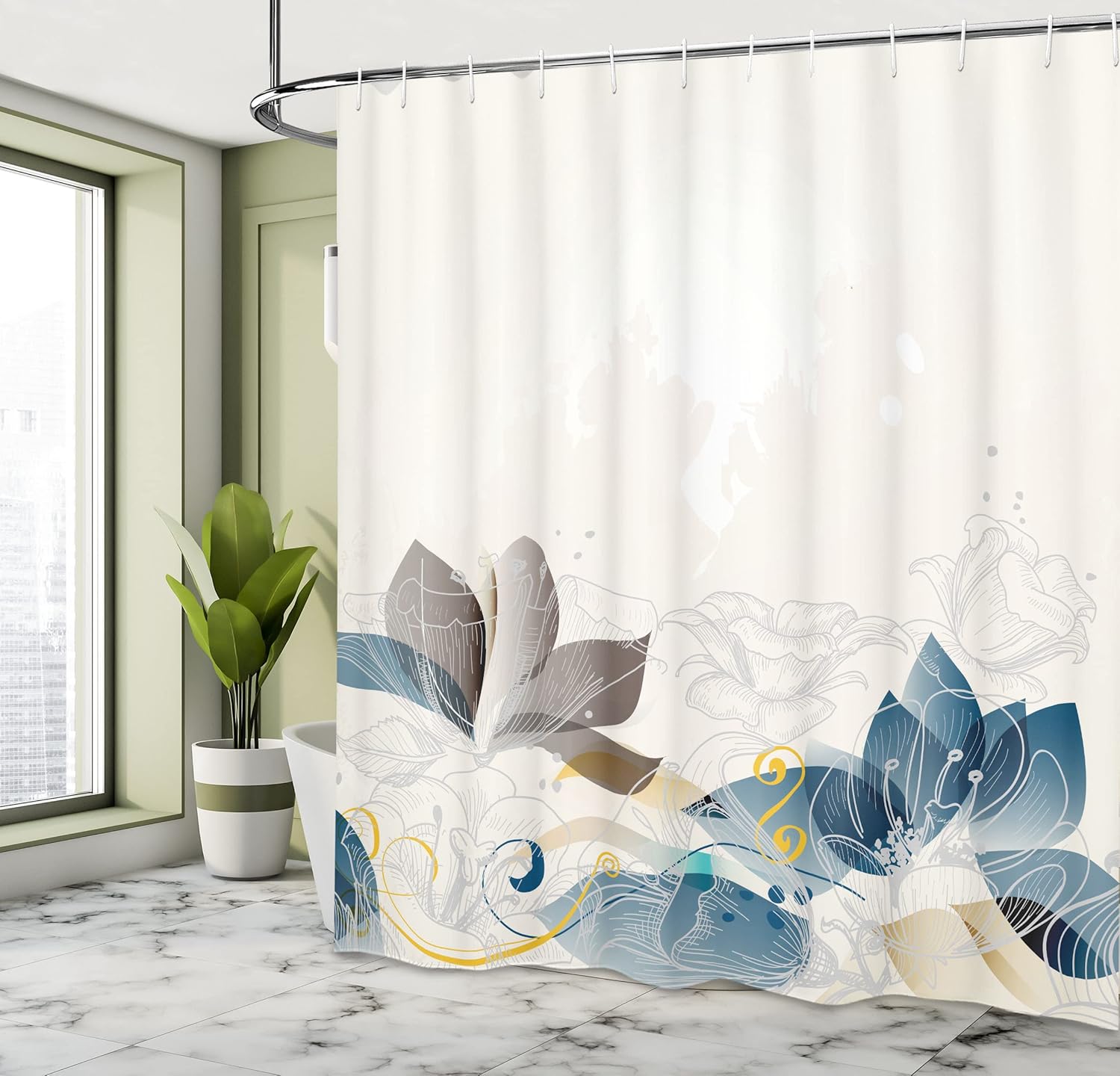 Ambesonne Flower Shower Curtain, Retro Floral Background Hibiscus Silhouettes Dramatic Romantic Nature Art, Cloth Fabric Bathroom Decor Set with Hooks, 69" W x 75" L, Petrol Blue