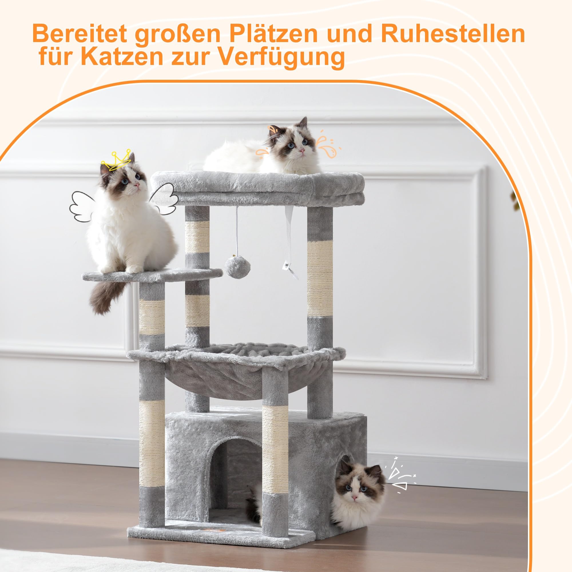 Heybly Kratzbaum, Katzenbaum mit Extra Großem, Weichem Katzenkorb, Katzenkratzbaum mit Geräumigem Katzenbett und Verstecktem Schlafplatz, Robusten Sisal-Kratzsäulen, Hellgrau HCT008SW