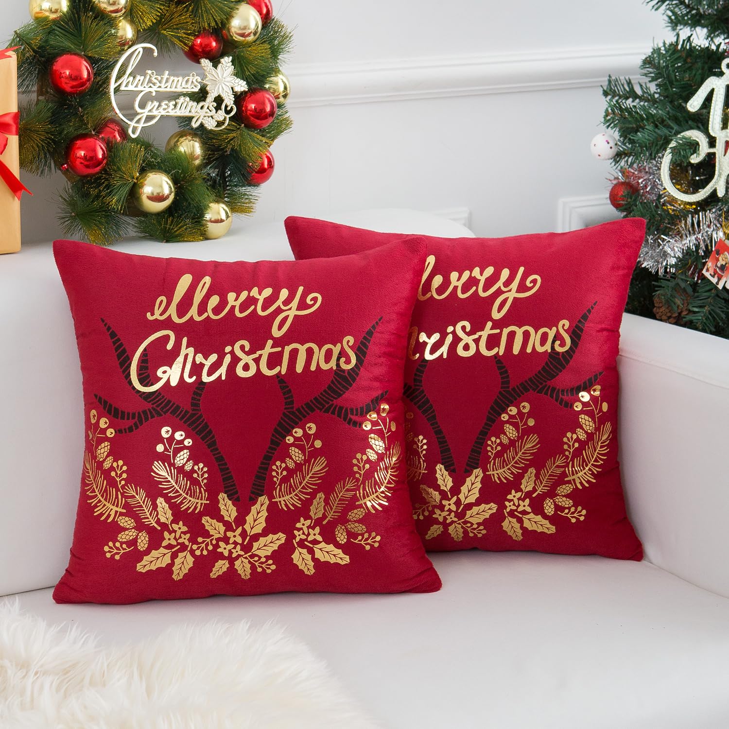 Navidad Fundas de Cojines 45x45 CM Rojo Alce Copo de Nieve Cojín Sofá Marcado en Caliente Decorativo de Terciopelo Sofá Funda para Cama Coche Hogar Sofá Juego de 2