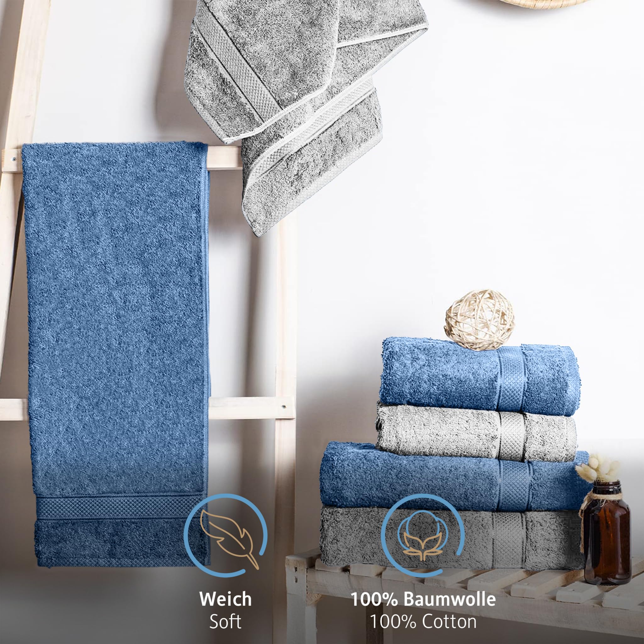 Komfortec Set di 8 asciugamani da 50 x 100 cm, in 100% cotone, 470 g/m², spugna, morbido, argento/azzurro