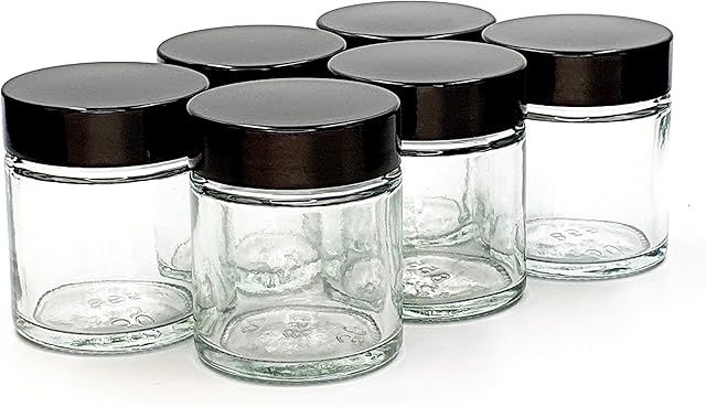 Avalon 30ml CLEAR GLASS JARS with Black Bakelite Lid ~ Pack of 6 ~ Reusable, Refillable, Sustainable Living ~ Cosmetic Containers for Beauty, Skincare, Candles, Travel Size Pots, Paint Ink Pots