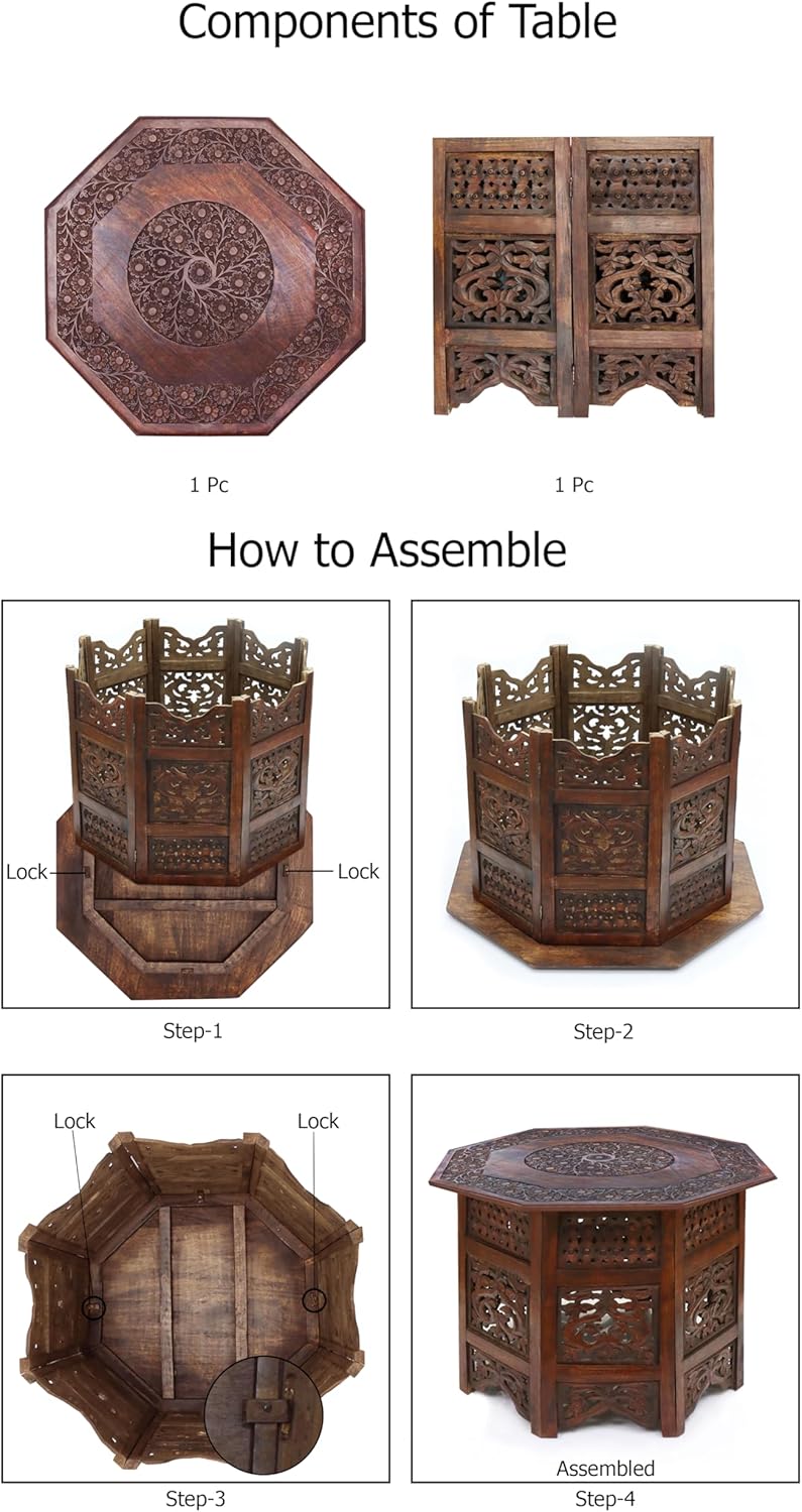 COTTON CRAFT Solid Wood Coffee Table - Hand Carved Vintage Boho Folding Side Table - Small Spaces Entryway Family Room Accent Table Living Room End Table - No Tools Assembly - Octagon 28 in x 18 in H
