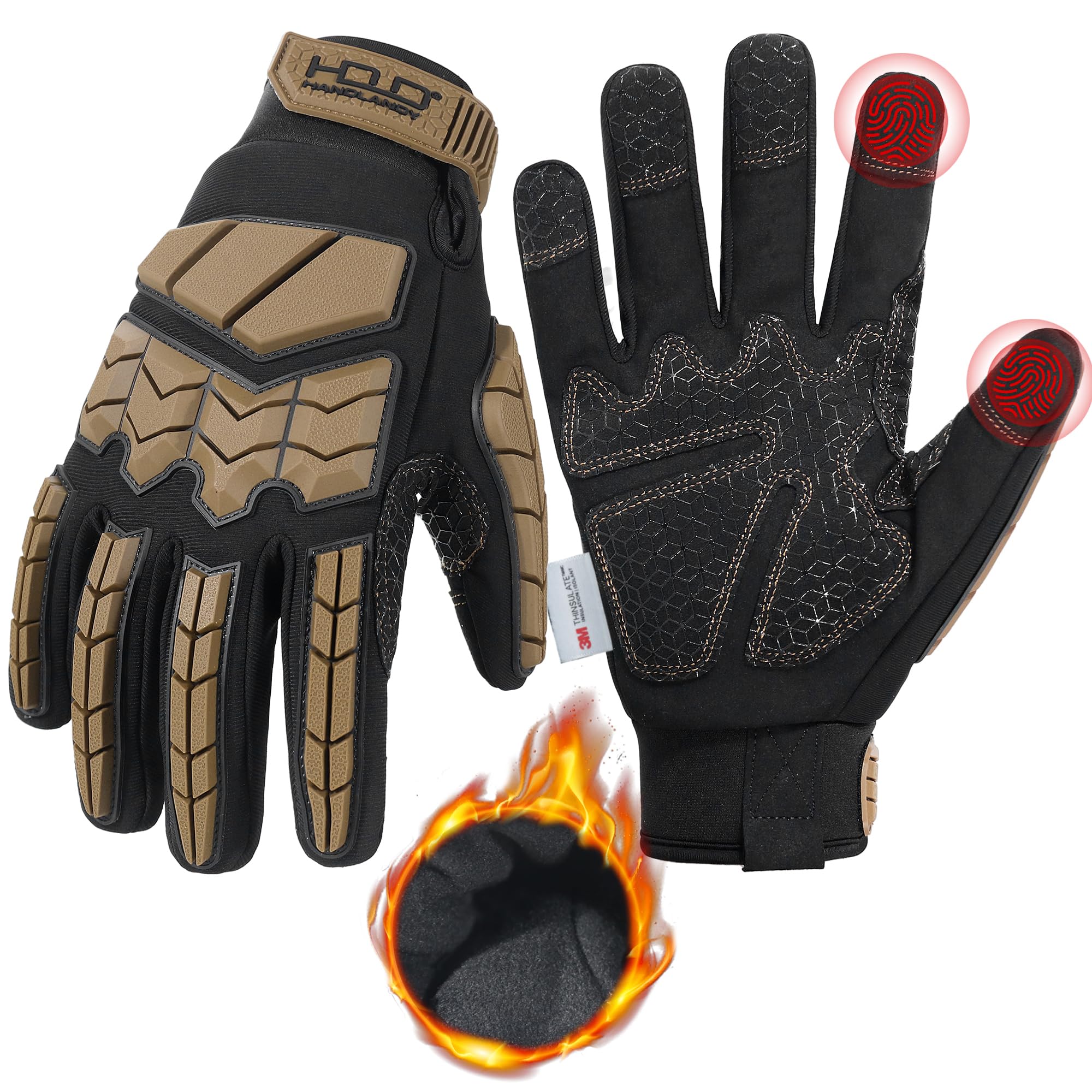 HANDLANDY Winter Water Resistant Work Gloves for Men Padded Thermal Insulated Heavy Duty Impact Glove for Cold Weather (Tan-insulated