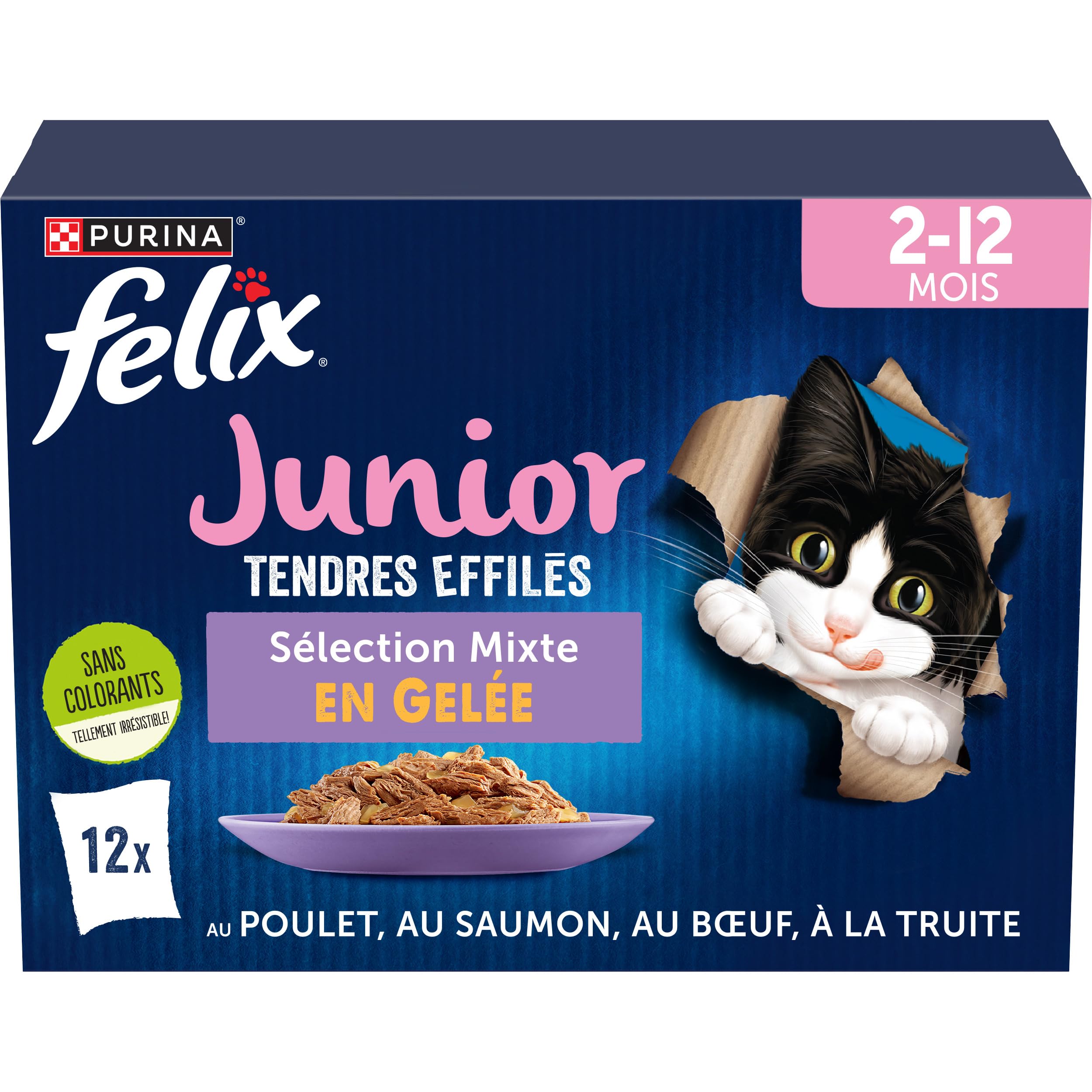 Purina Carne/Salmón – Felix – Tiernas Afiladas Junior – Gato – Alimento Completo, Apto Para Gatitos Esterilizados – Pollo, Y Trucha – Jalea – Porción Individual – 12 X 85 G