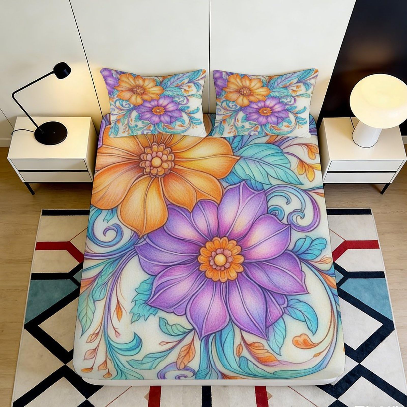 3D Printed Floral Art Fitted Sheet Microfiber Soft Vibrant Botanical Mattress Cover for Bedroom Guest Room Easy Care 90x200x25cm