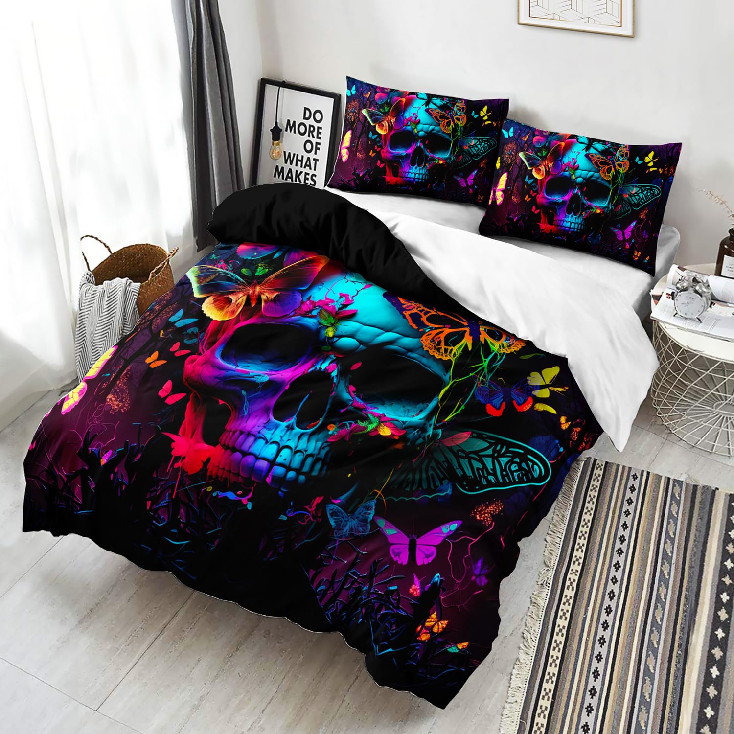 AILONEN Colorful Skull Duvet Cover Set Queen Size,Gothic Butterfly Skull Bedding Set for Boys Girls,3 Piece Skeleton Themed Soft Comforter Cover with 2 Pillowcases