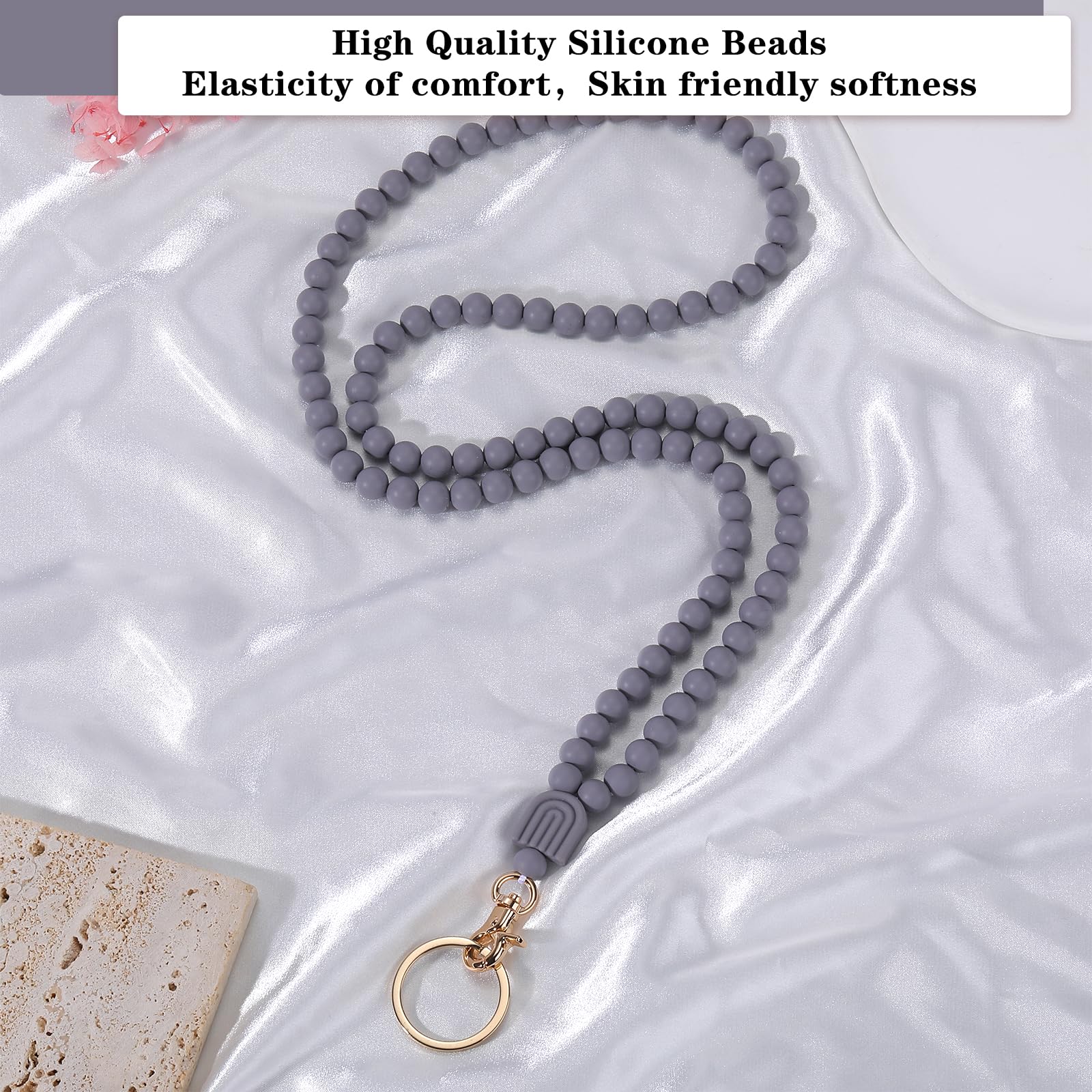 LEGENTLISUR Silicone Beaded Lanyard for Women Silicone Lanyard of ID Card Cute Silicone Lanyards Office Lanyards for ID Badges and Keys for Women Teachers Gift(Light Grey) - Image 3
