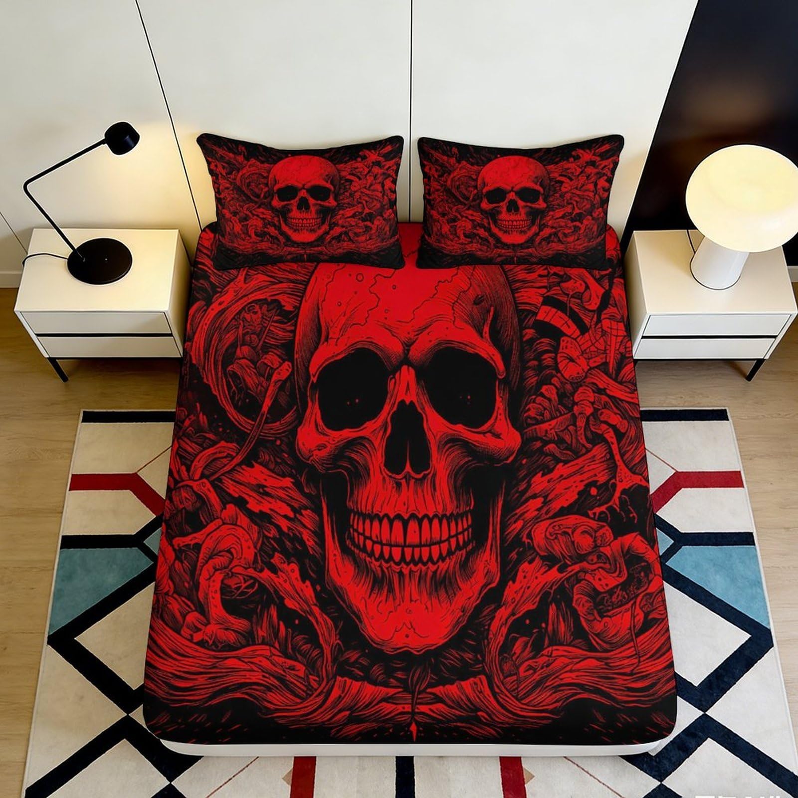 3D Printed Red Skull Pattern Fitted Sheet Microfiber Soft Breathable Gothic Skeleton Bed Cover for Bedroom Dormitory Guest Room Mattress Protection 140x200x25cm