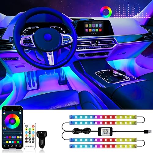 Tira de luces RGB para interior de automóvil con control inteligente de aplicación, sincronización de música debajo del tablero, kit de iluminación