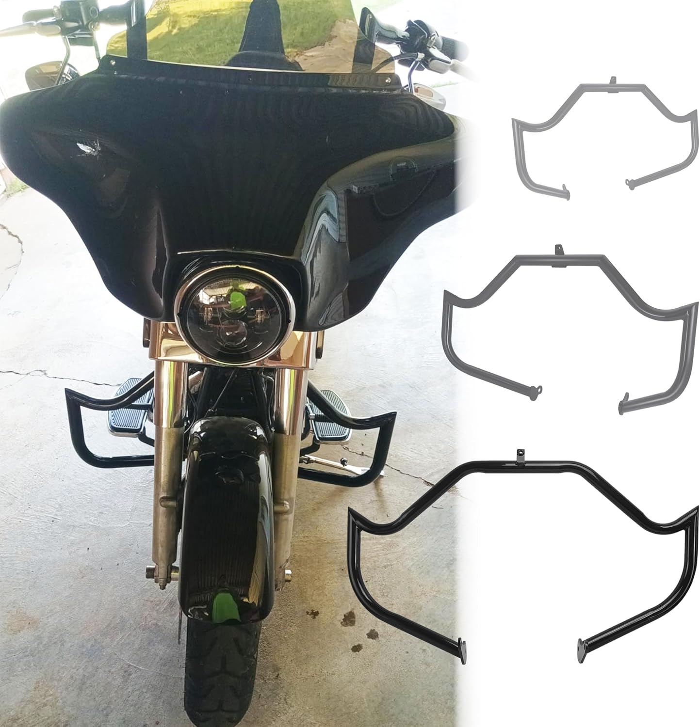 1.25" Front Engine Guard/Crash Bar for Harley Touring 2009–2023 – Road Glide (Bracket Required), Street Glide, Road King, Electra/Ultra (FLTR/FLHX/FLHR/FLHT) Black High-Profile Pointed Highway Bar