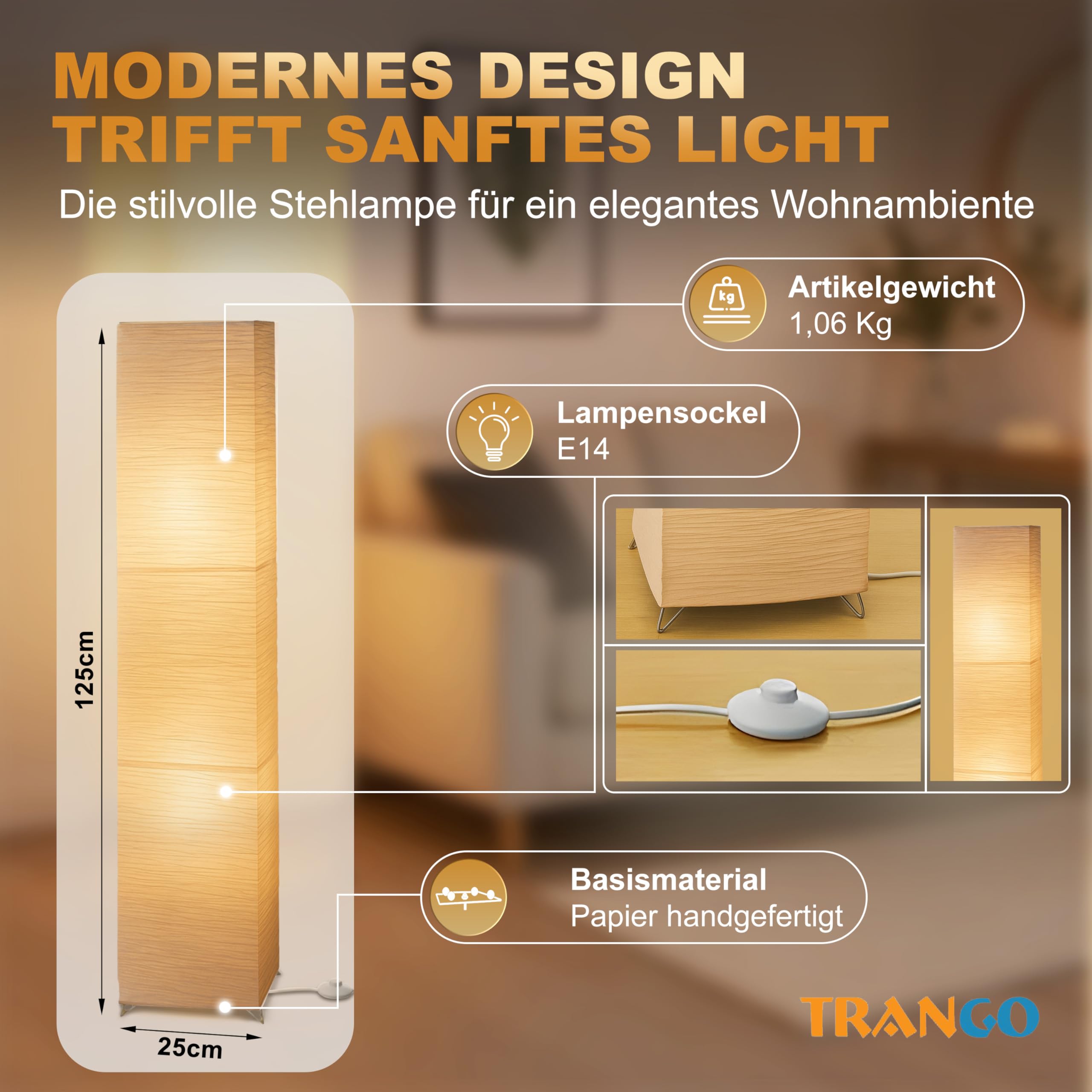 Trango LED Stehlampe OSLO 1213L – 125 cm hoch, eckig – Reispapier-Lampenschirm in Beige – inkl. 2x E14 LED 5W warmweiß – modernes Design