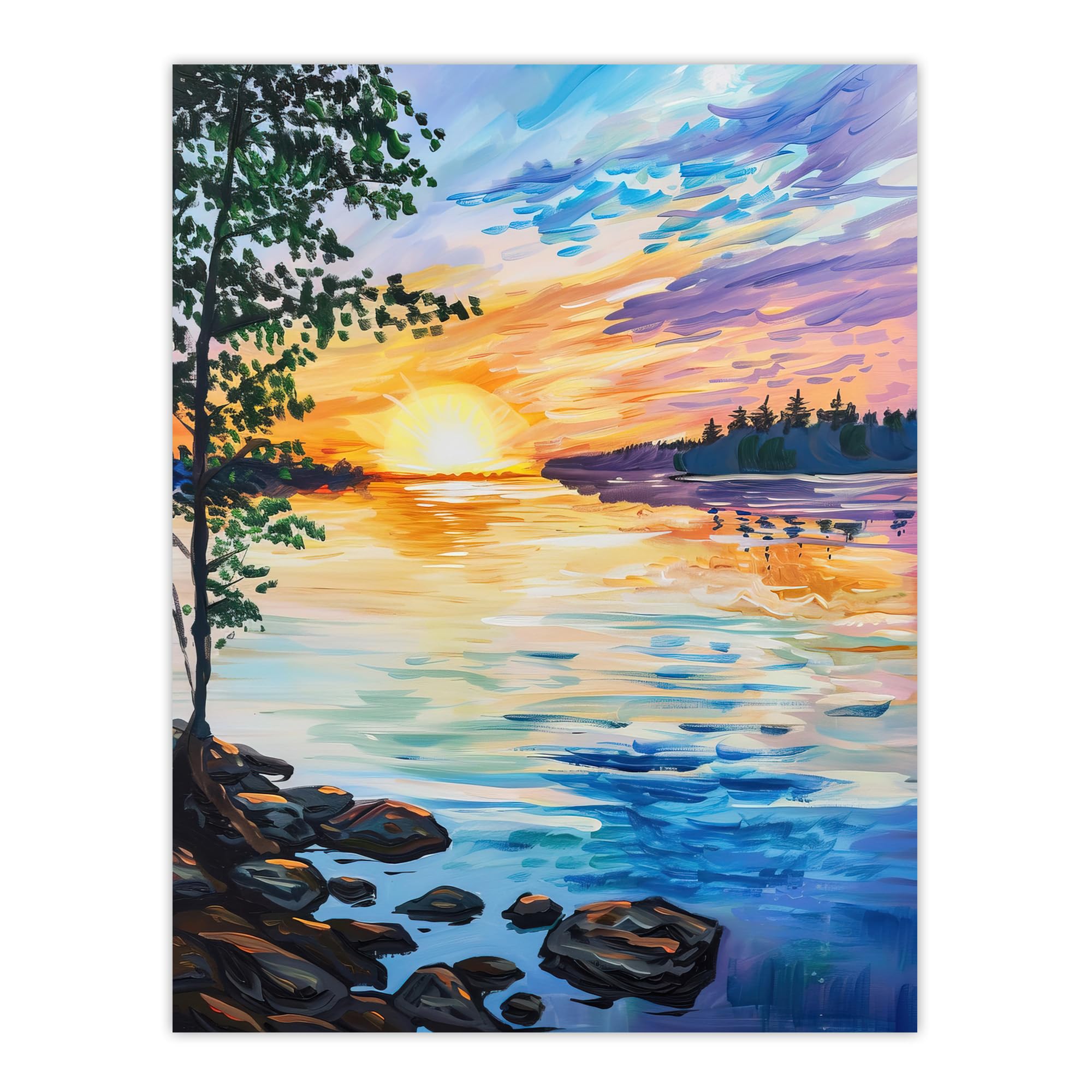 Artery8 Sunset on Calm Lake Oil Painting Tranquil Peace Living Room Large Wall Art Poster Print Thick Paper 18X24 Inch