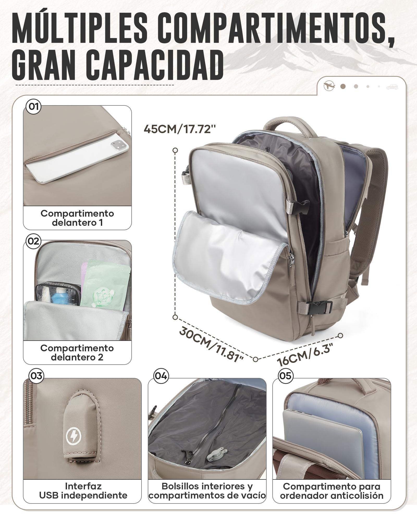 Mochila Viaje al Vacío con Bomba, Mochila de Viaje Cabina Avion 40x30x20 Ryanair,Impermeable Mochila Compresion al Vacio Para Portatil 14" Hombre y Mujer(Marrón grisáceo)