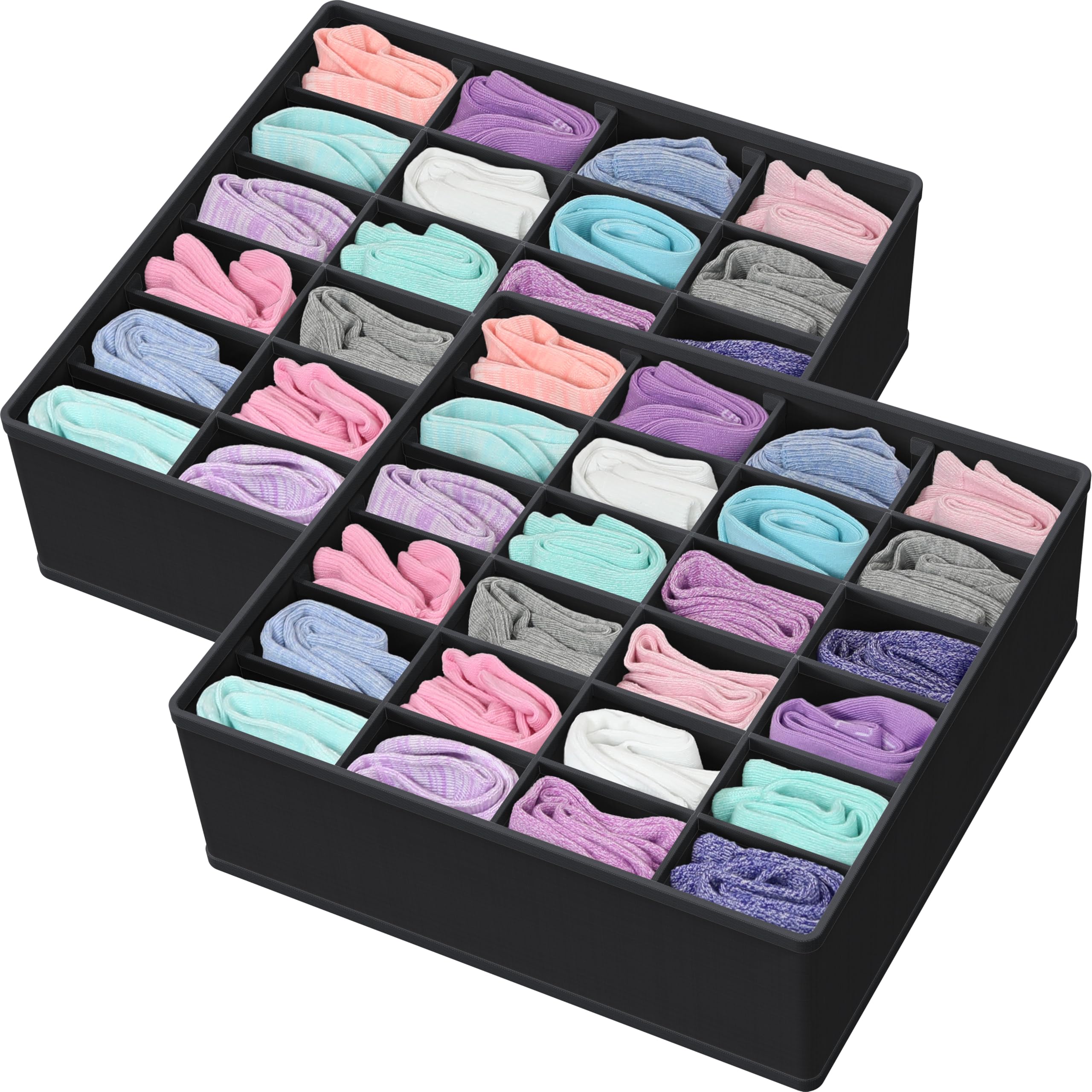 Simple Houseware 2 Pack Closet Socks Organizer, 24 Cell Drawer Divider, Black