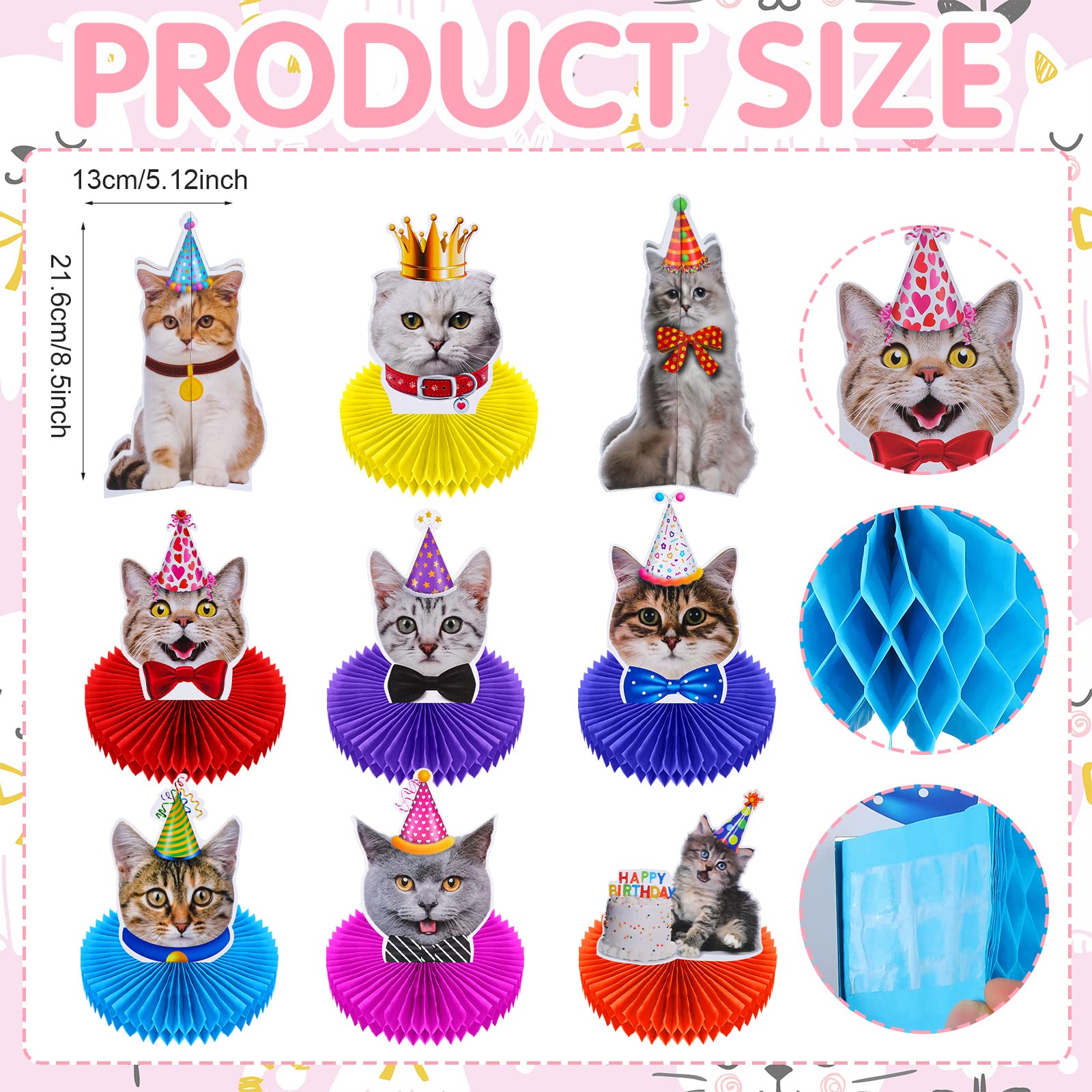 Snapklik.com : 9 Pcs Cat Themed Honeycomb Centerpieces Cat Birthday