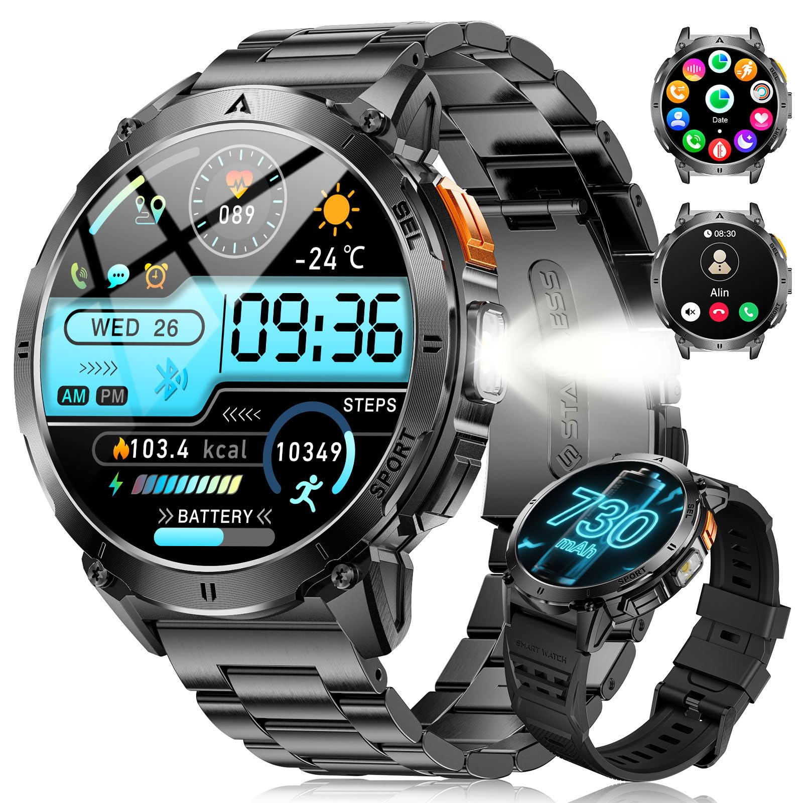 LIGE Reloj Inteligente Hombre con Luz LED, 730mAh Smartwatch 3ATM Resistente al Agua, 1,62'' AMOLED Fitness Watch con 119 Modos de Deporte, Monitor de Ritmo Cardíaco/Sueño para iOS Android, 2 Cables