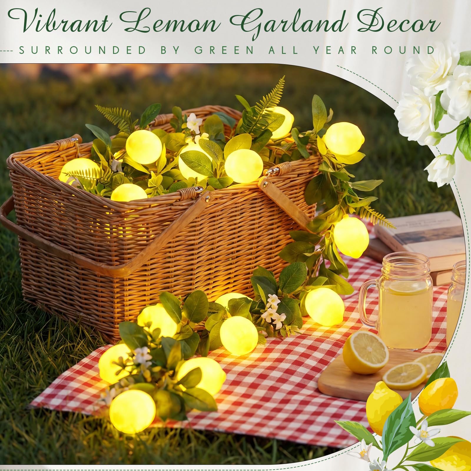 Baquler 2 Stück 3D-LED-Lichterkette, batteriebetrieben, Frühling, Sommer, künstliche Obstgirlande, Glühbirnen mit Zweigen, Blättern, Lichterketten für Hochzeit, Party, Tischdekoration, Zitronenblüte