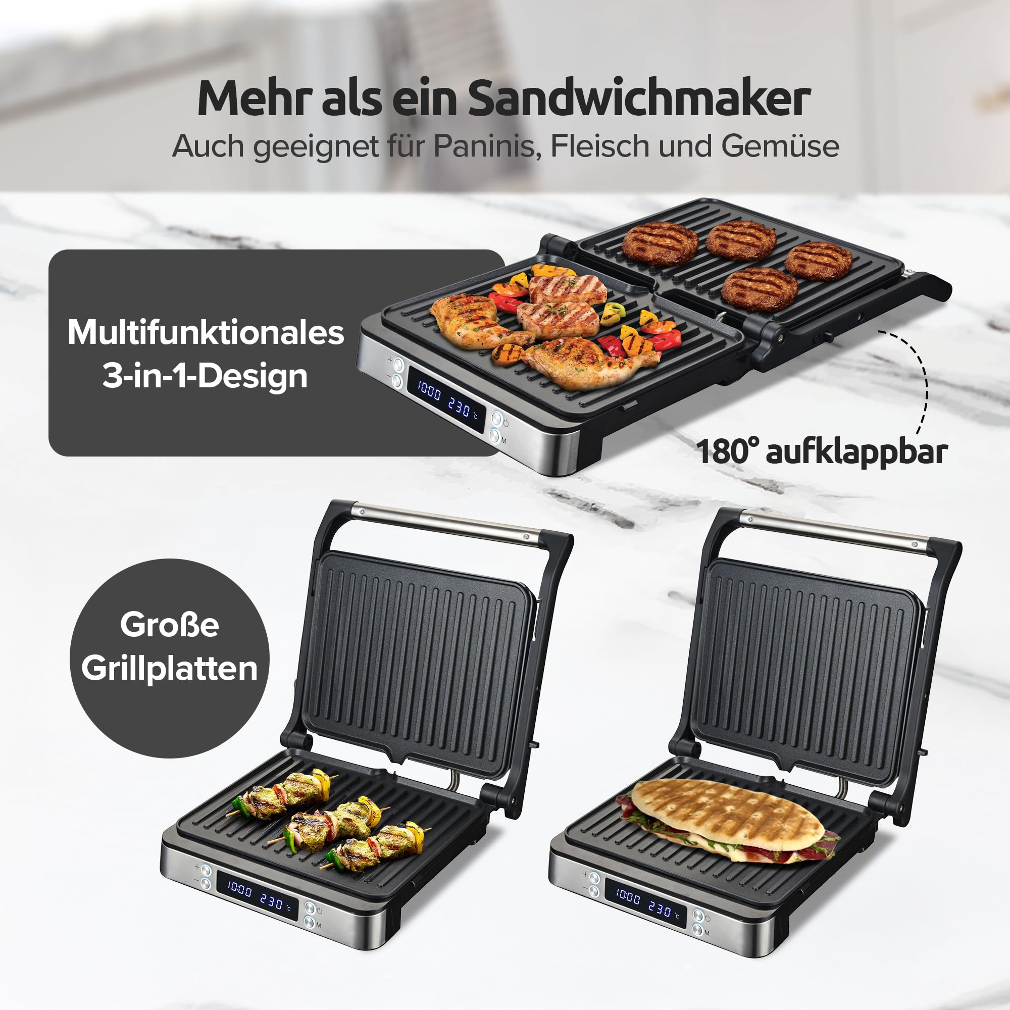 Olvy Sandwichmaker XXL Digitaler Kontaktgrill 3-in-1 Panini Maker 180° offener Grill einstellbare Temperatur Timer