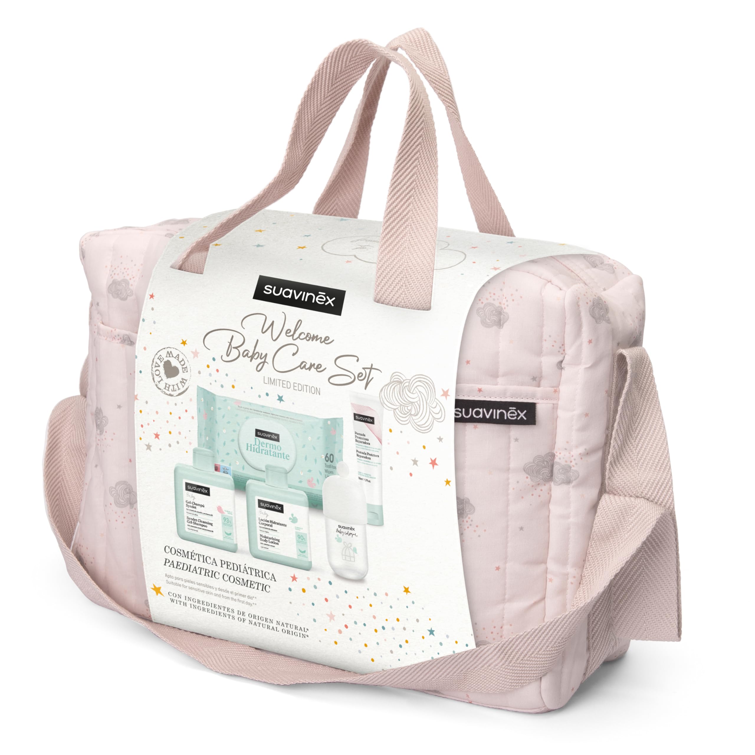 Suavinex, Bolso Carro Bebé con Cosmética: Gel Champú Syndet 300 ml + Loción Hidratante 300 ml + Pomada Pañal 50 ml + Baby Cologne 100 ml + Toallitas 60 Uds. Regalo Recién Nacido, Canastilla Bebé, Rosa - 3
