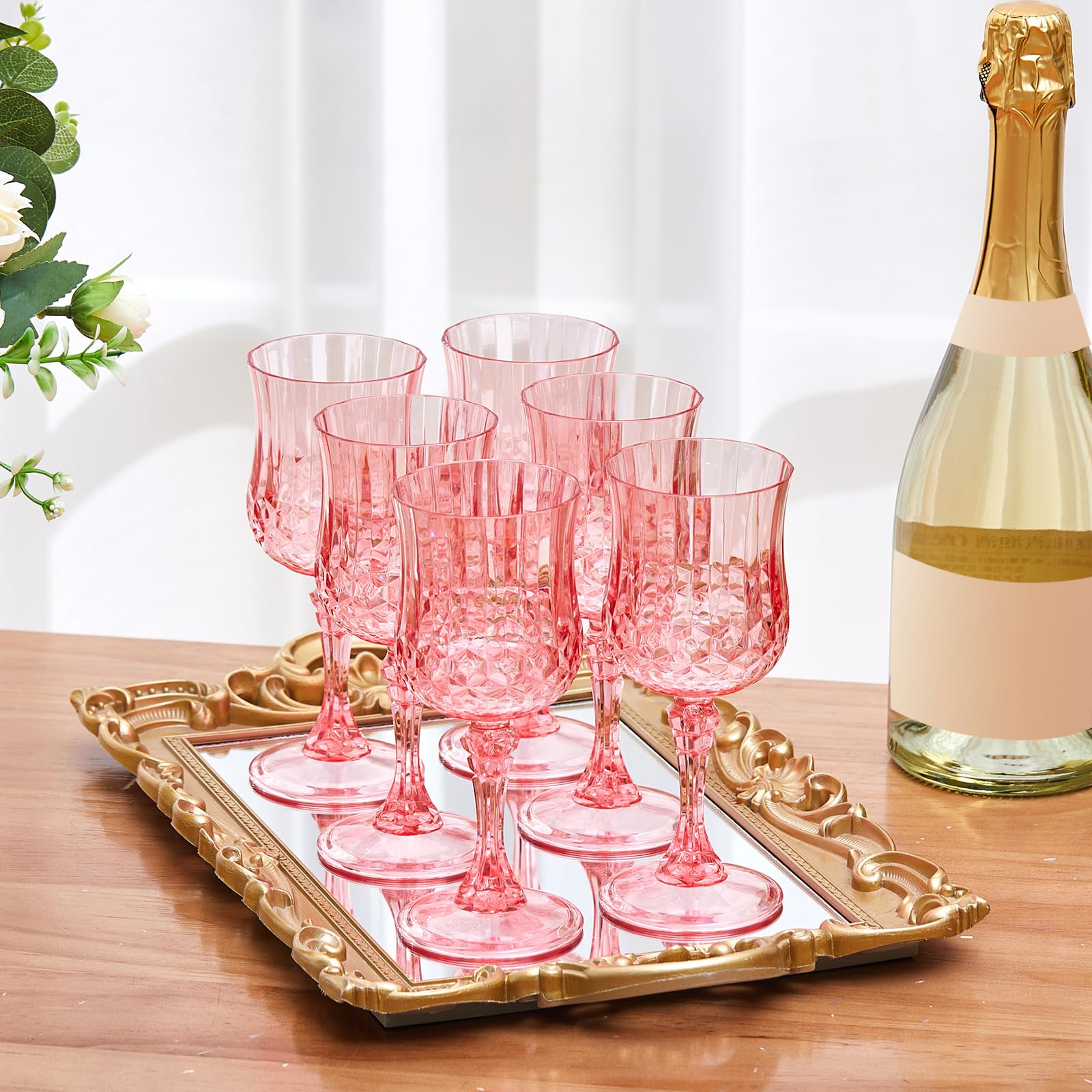 Pinkunn Weingläser aus Kunststoff, wiederverwendbar, bunt, gemustert, Trinkwassergläser, spülmaschinenfest, für Muttertag, Hochzeit, Empfang, Partyzubehör, 24 Stück (Rosa)