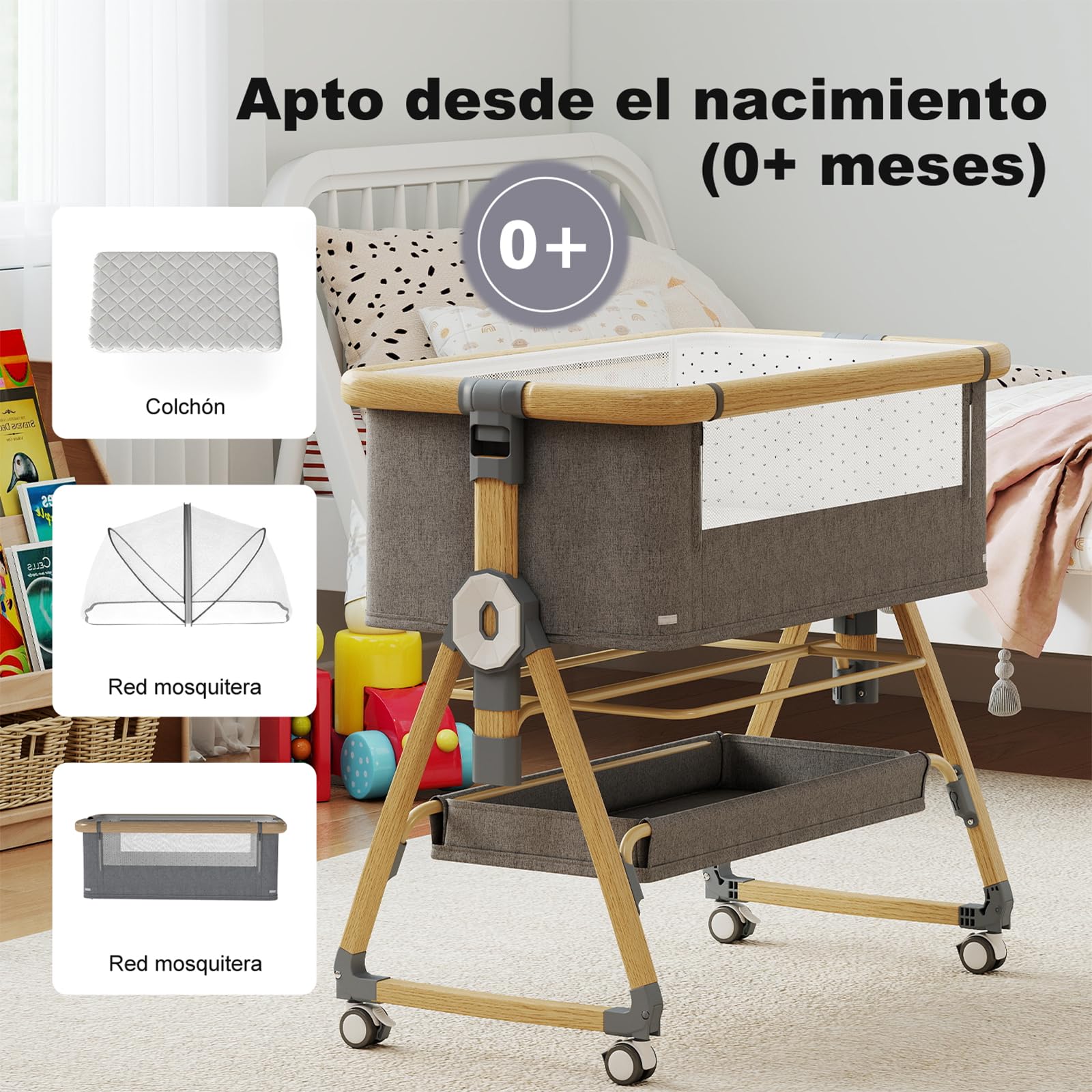 Cuna 3 en 1, Cuna de colecho,Crib Mecedora, Ajuste de Altura e inclinación del colchón (Color veta de Madera)