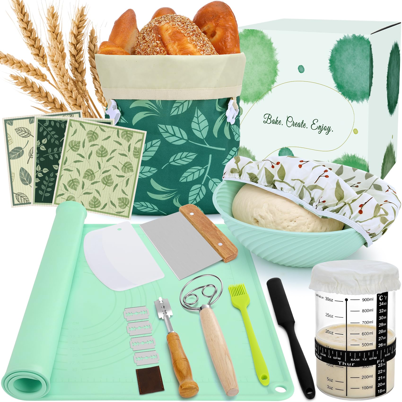 Sourdough Starter Kit, Bread Baking Supplies Making Kit - Baking Gift | 9" Bread Proofing Bowl with Bowl Cover and 17"×13" Bread Bag, Bread Making Accessories for Mom Bakers (Green Leaf)