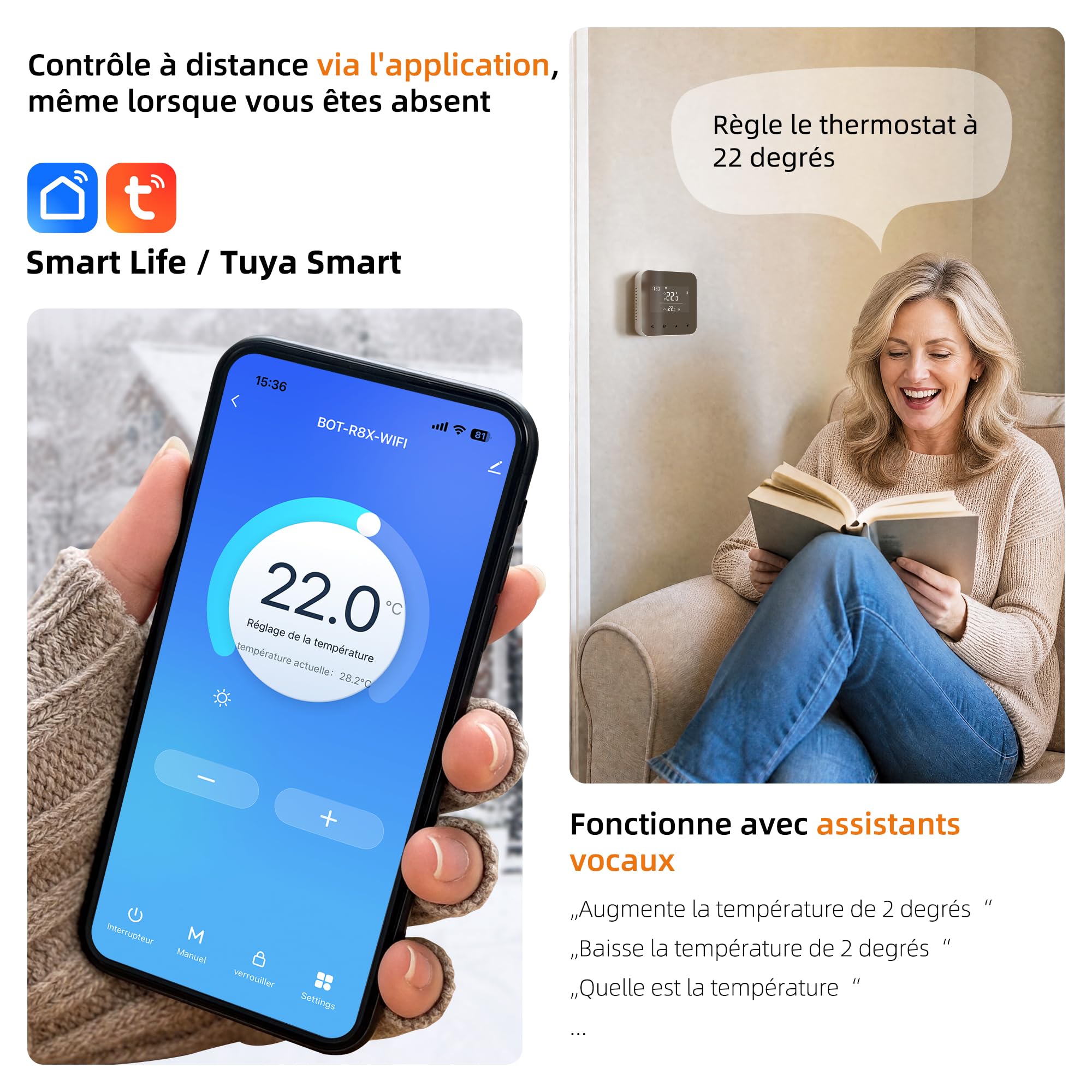 Beok Thermostat RF sans Fil avec récepteur pour chaudière (Chauffage à Eau), programmable quotidiennement, connecté d'ambiance et Intelligent, Compatible WiFi, Tuya Smart, Alexa & Google Home